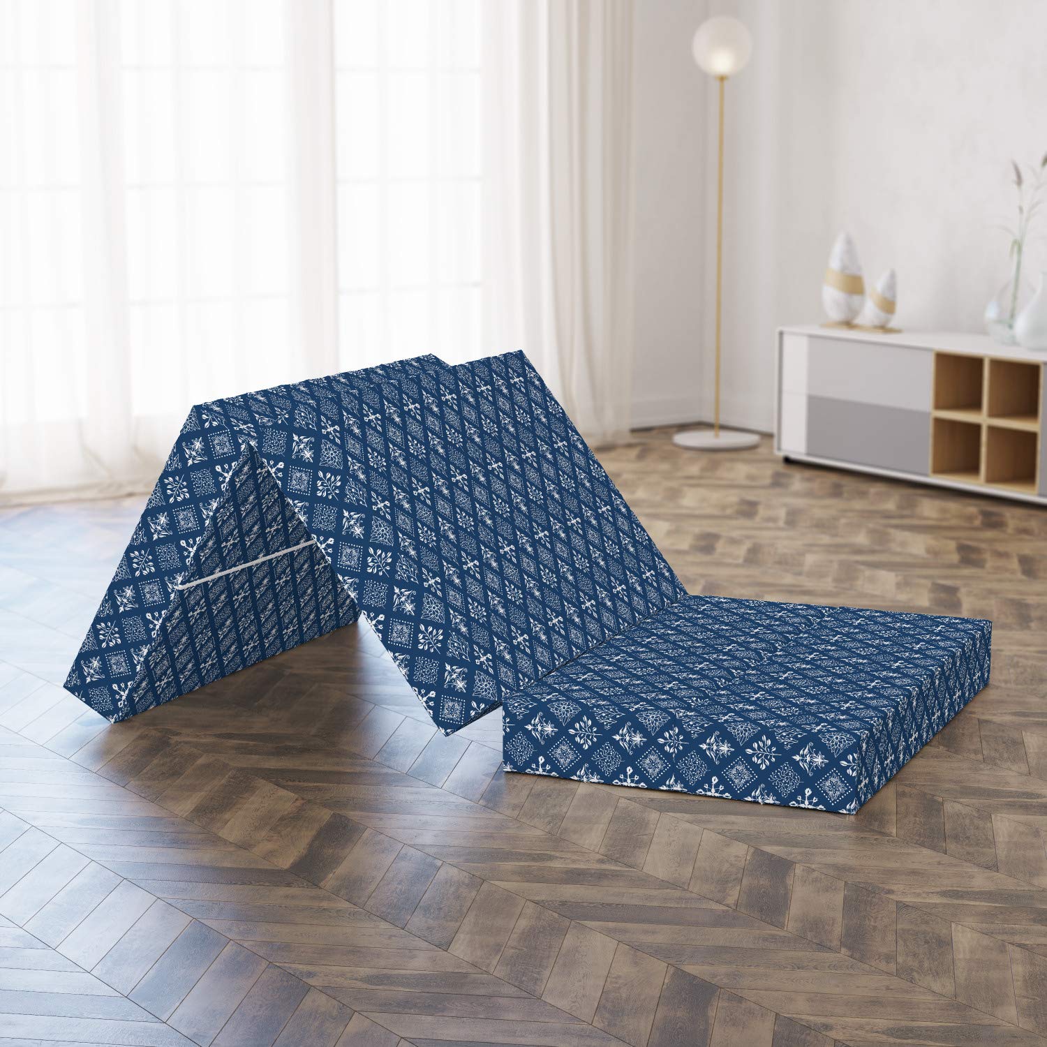 Ambesonne Mediterranean Foldable Mattress - Navy Blue & White Rectangular Armor Design - 74.8