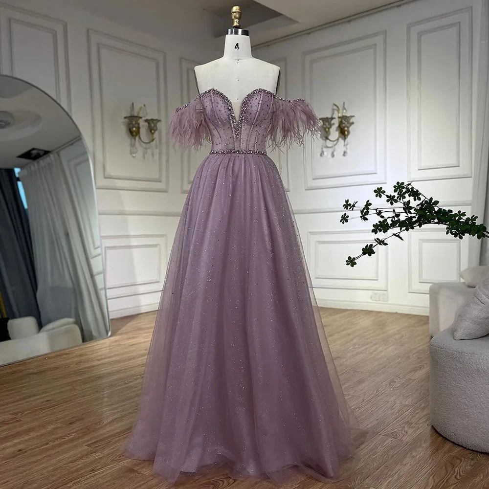Elegant Lilac Feather Beaded A-Line Evening Gown for Women | Luxury Dubai Arabic Style Long Party Dress | Perfect for Weddings, Galas & Formal Events - LA72326