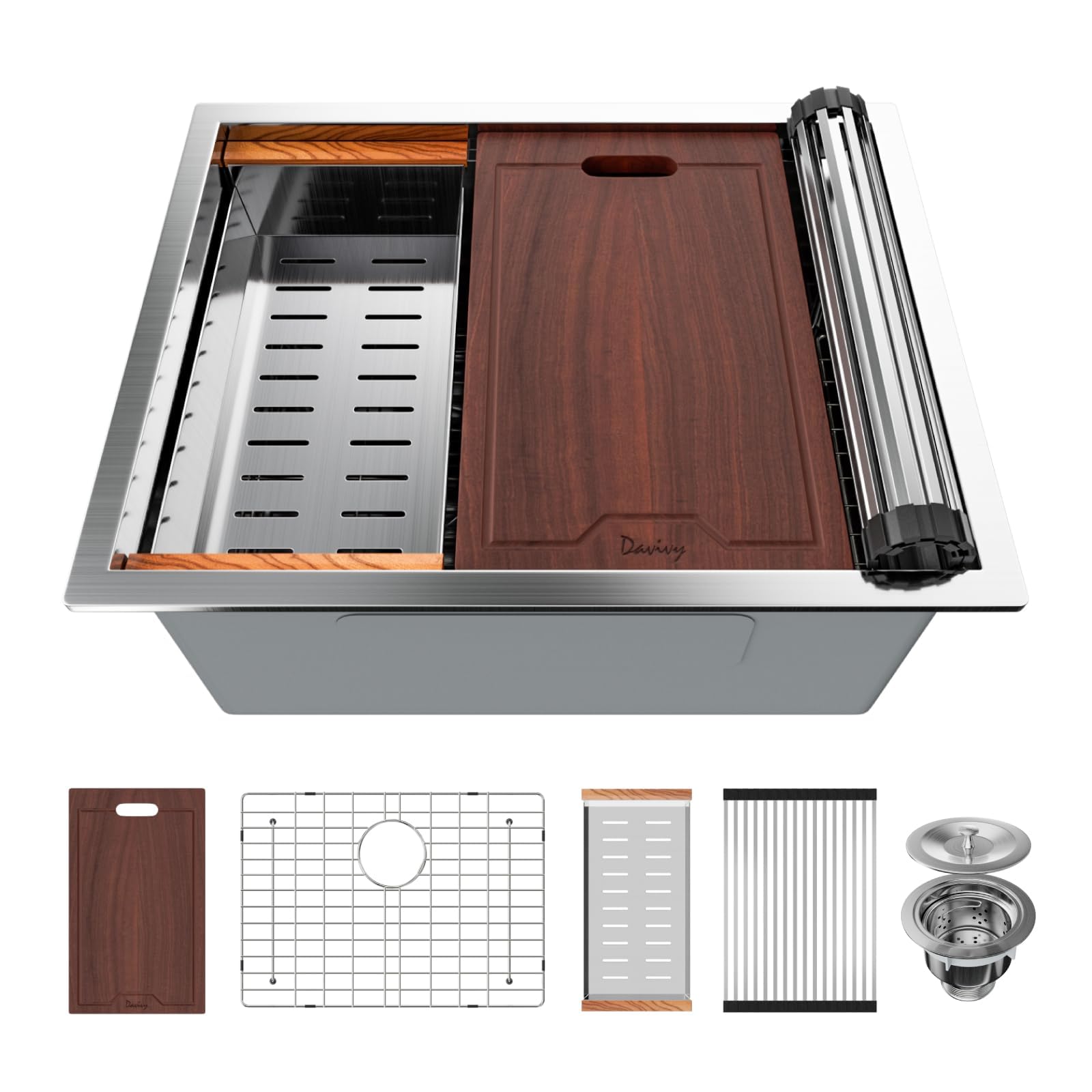 **Davivy 24 Inch Undermount Kitchen Sink - 16 Gauge Stainless Steel Single Bowl Workstation Sink (24x18.5 Inch) with Single Track & Accessories - Perfect for Home, Restaurant & Commercial Kitchens**