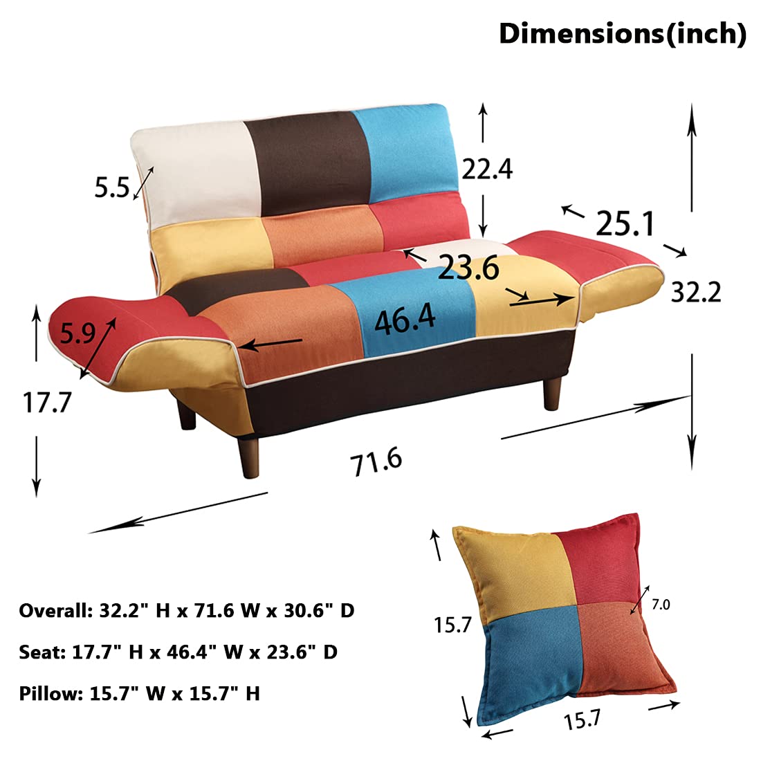 Convertible Futon Sofa Bed with 2 Pillows - Loveseat Sleeper Sofa for Small Spaces, Multi-Functional Recliner Couch with Adjustable Armrests & Wooden Legs, 3-Position Backrest - Perfect for Apartments, Dorms, Guest Rooms & Home Offices (Colorful)