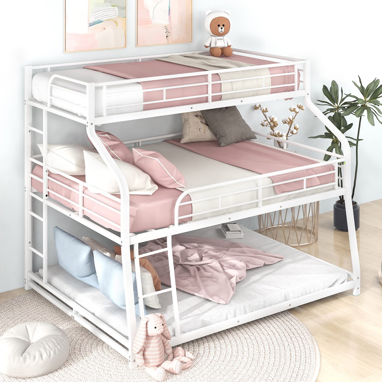 Hommoo Twin Over Full Over Queen Triple Bunk Bed with 2 Ladders - Sturdy Metal Steel Frame - Space Saving 3 Tier Bunk Bed for Kids & Adults - White - Perfect for Dormitories, Hostels & Small Bedrooms