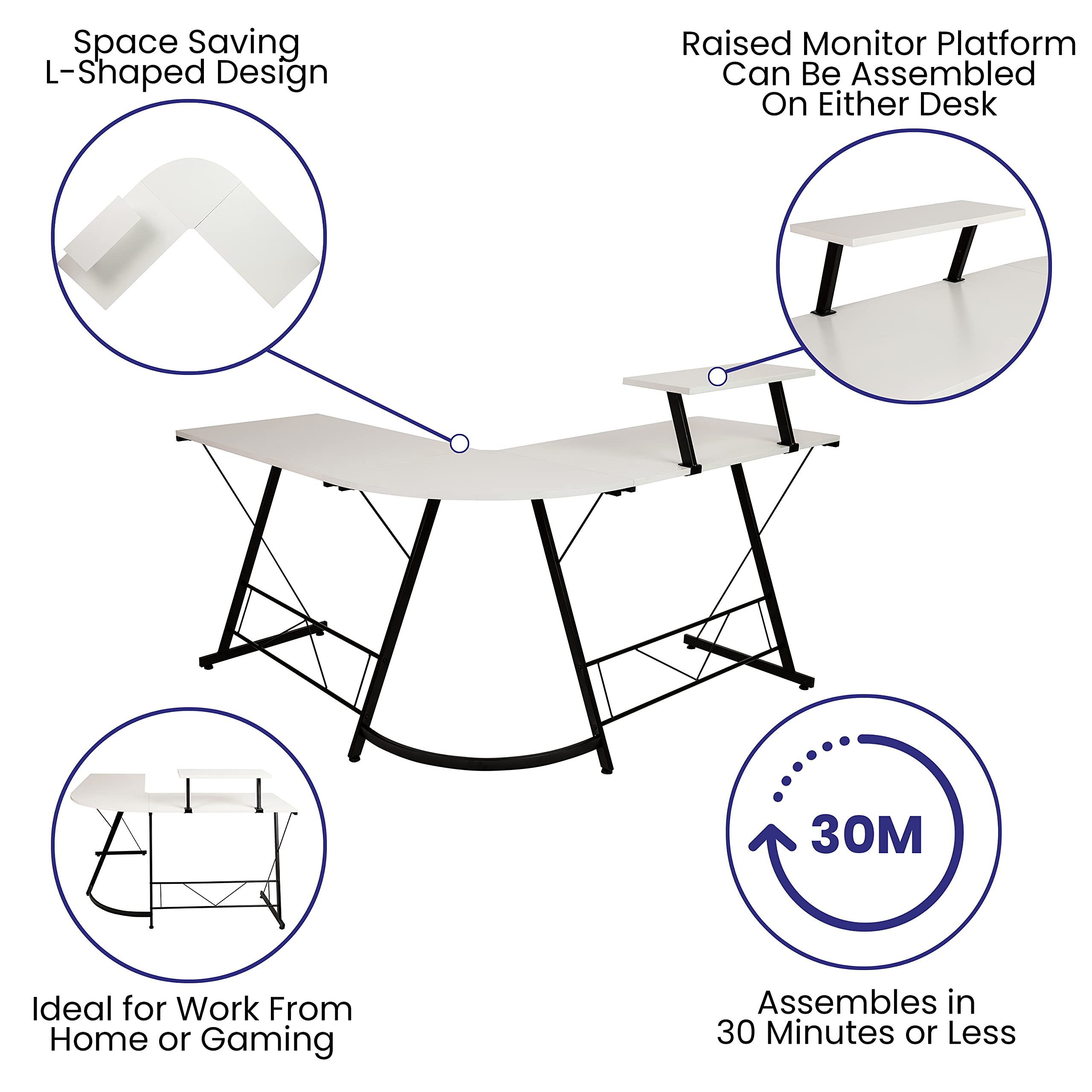 EMMA + OLIVER White L-Shaped Computer Desk - Home Office Desk, Gaming Desk with Sturdy Frame | Perfect for Small Spaces, Work from Home & PC Gaming Setup