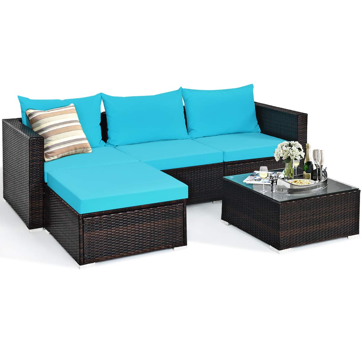 Tangkula 5-Piece Outdoor Patio Furniture Set - Sturdy Wicker Sectional Sofa with Glass Top Coffee Table, 360lb Weight Capacity - Turquoise Patio, Garden & Poolside Furniture for 4 People - Perfect for Backyard Relaxation, Outdoor Entertaining & Pool Parties