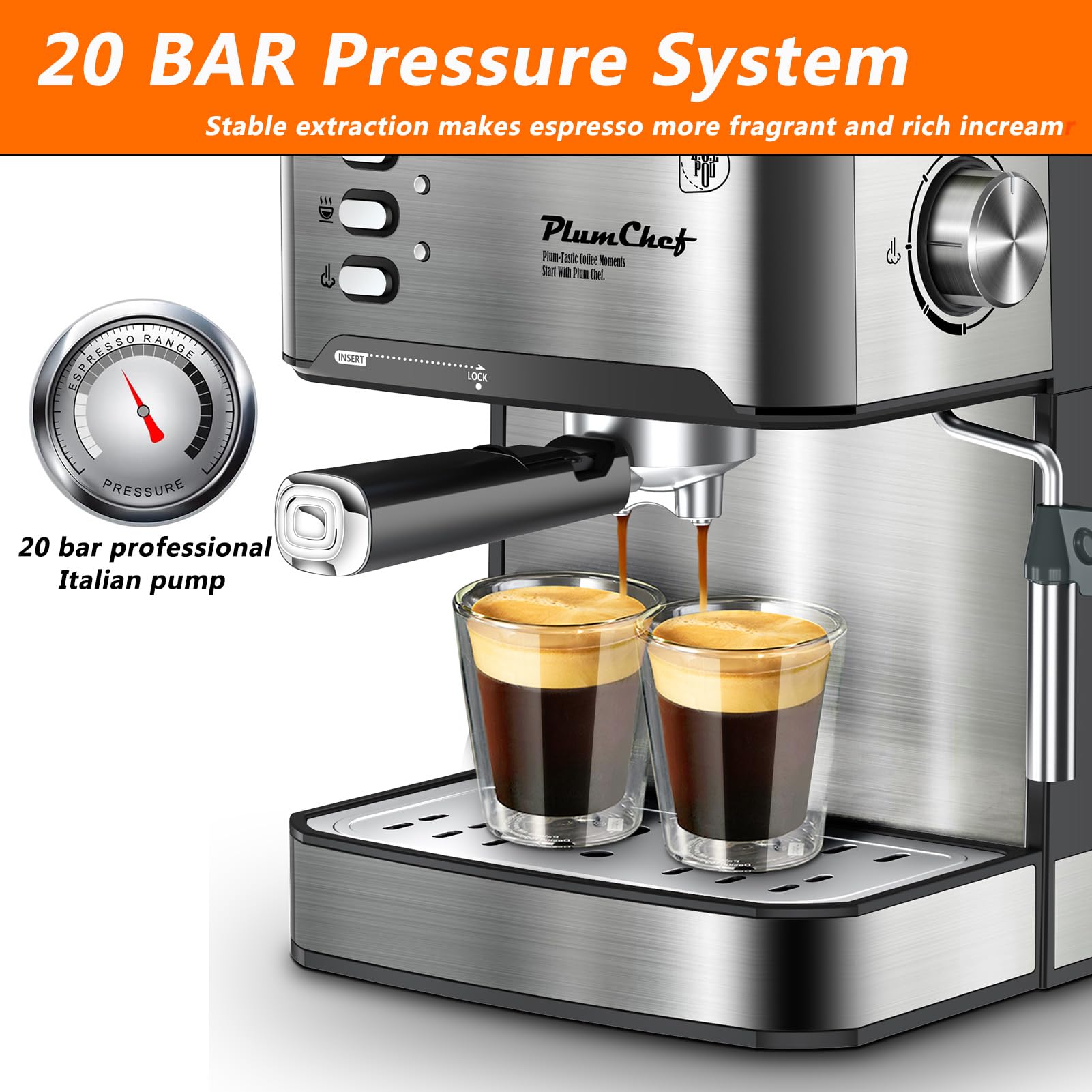 PlumChef 20 Bar Professional Espresso Machine - Compact Home Coffee Maker with Milk Frother, 54oz Water Tank, Low Noise - Perfect for Lattes, Cappuccinos & Quick Morning Brews