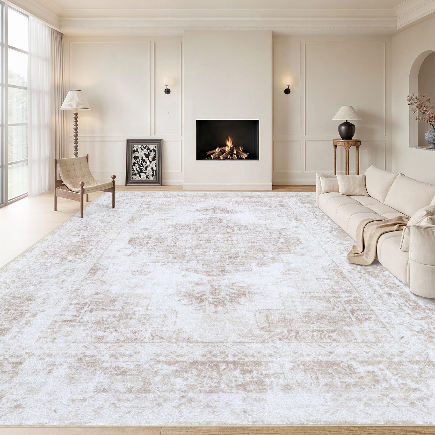 9x12 Vintage Distressed Medallion Area Rug - Machine Washable, Non-Slip Soft Low Pile Indoor Rug for Living Room, Bedroom, Kitchen, Dining Room & Office (Beige, 9'x12') - Perfect for Boho Home Decor & High Traffic Areas