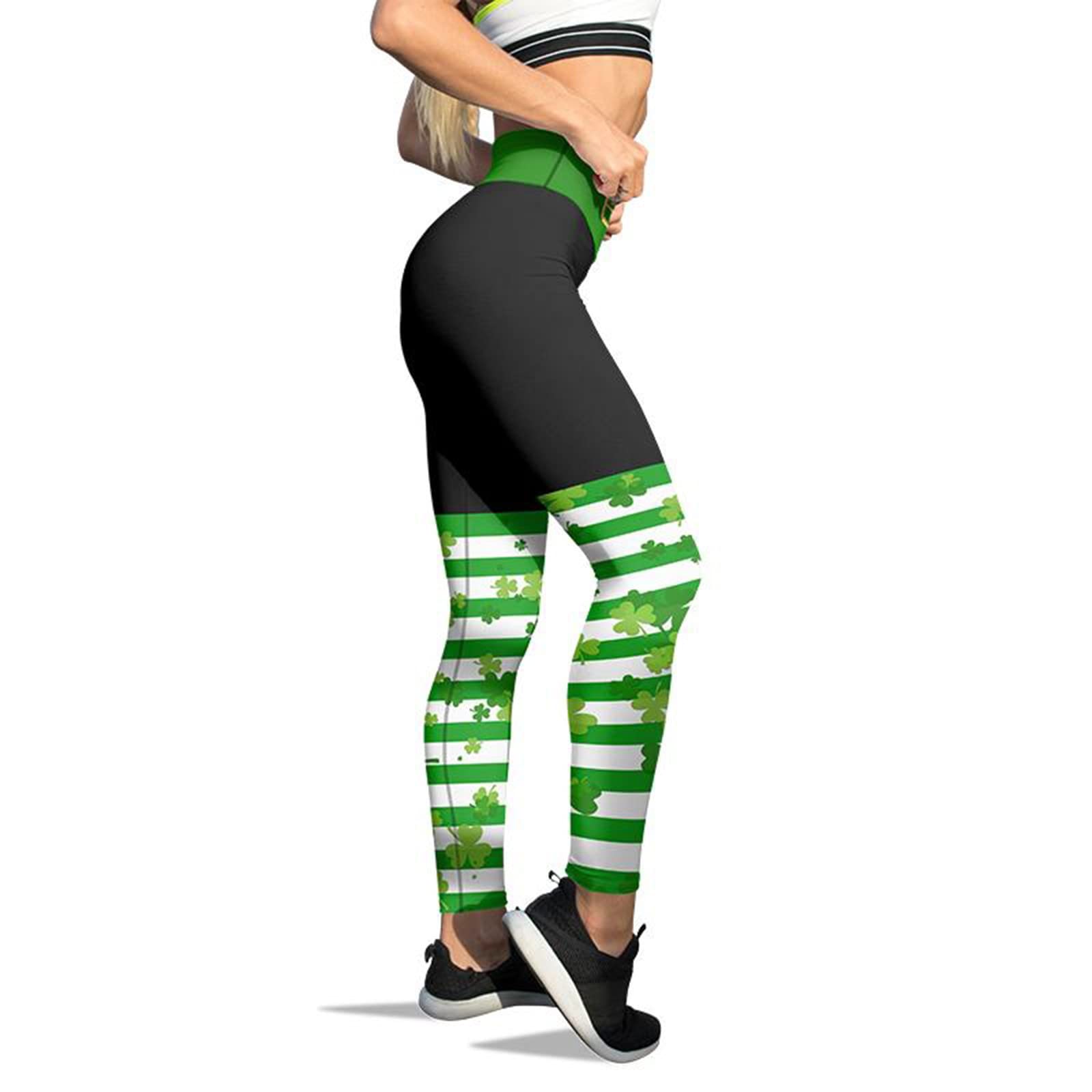 St. Patrick's Day Yoga Pants for Women - High Waist Clover Print Leggings with Tummy Control | Green Striped Workout Tights for Yoga, Gym & St. Patrick's Day Celebrations