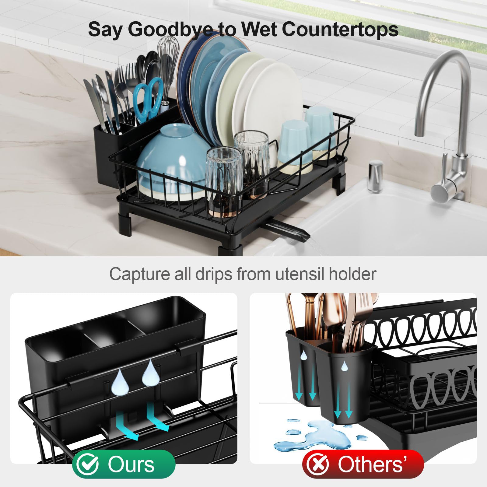 GSlife Compact Dish Drying Rack for Small Kitchens & RVs - Space-Saving Sink Drainer with Drainboard, Utensil Holder & Dish Organizer (15