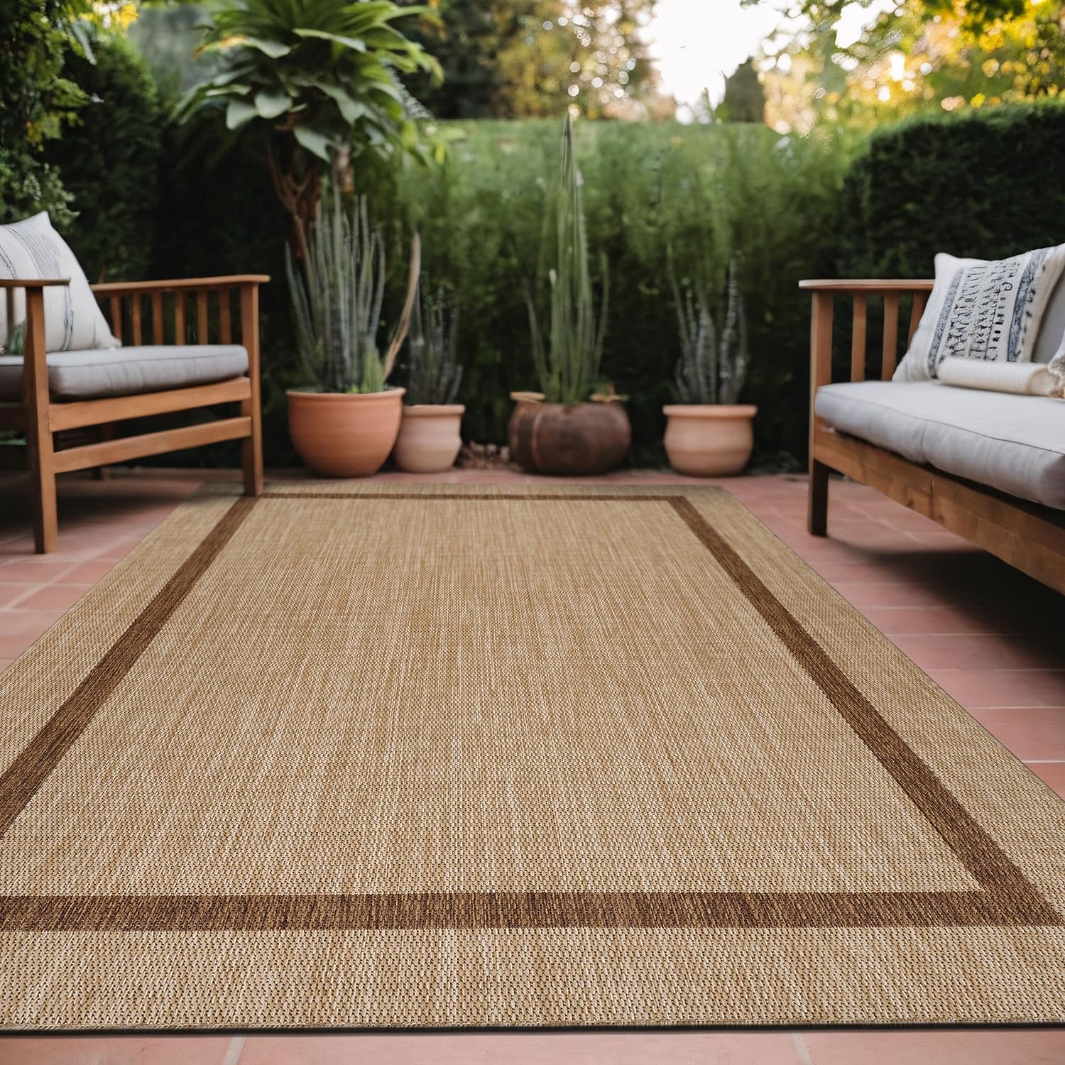 8x10 Washable Outdoor Rug - Waterproof Non-Shedding Jute Area Carpet for Patio, Porch & Indoor Use | Easy Cleaning Beige & Nut Brown Design | Perfect for Backyard, Deck & Living Room Decor