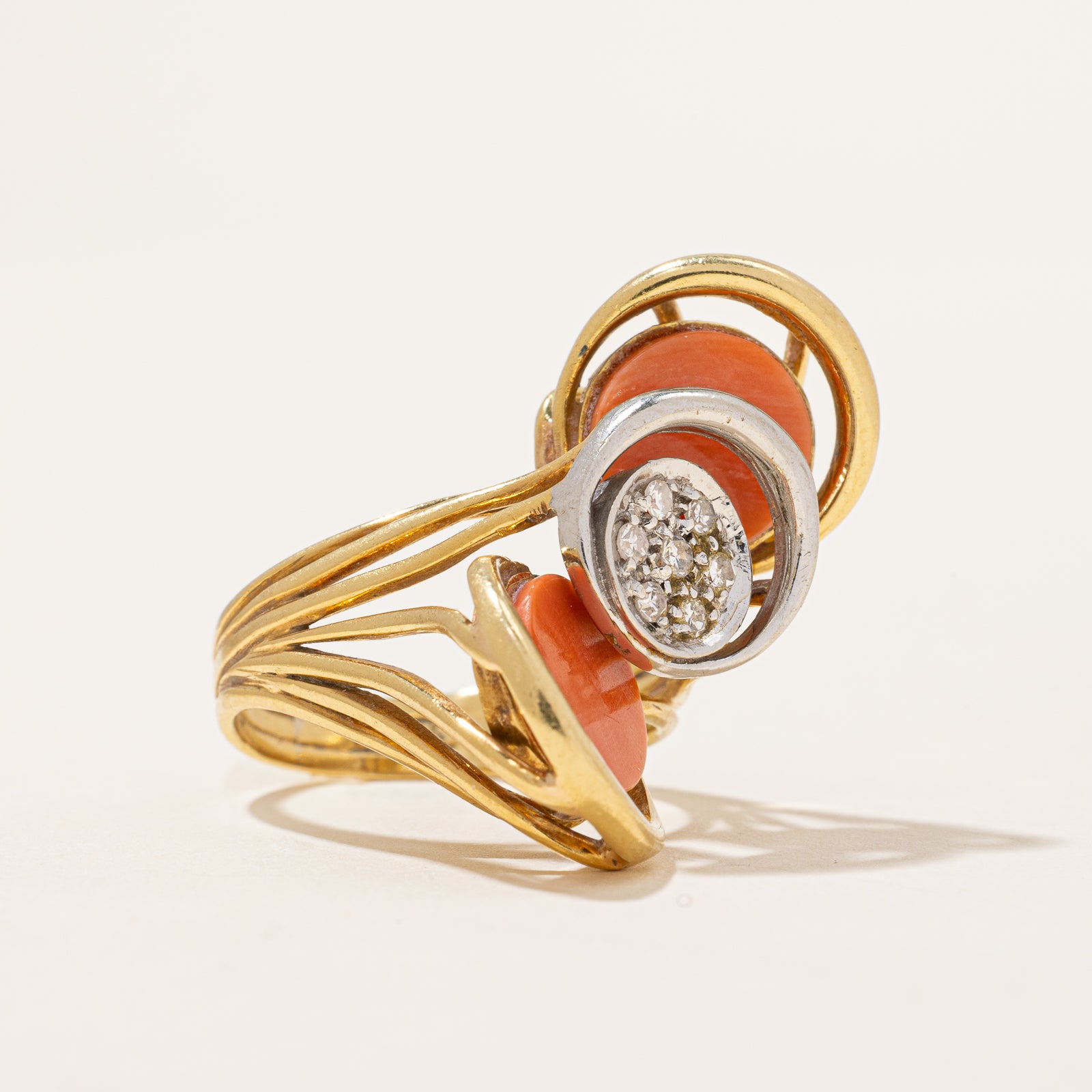 Vintage 1960s Coral and Diamond Cocktail Ring - 1.50ctw Gemstone, 0.10ctw Diamonds - Size 6.75 - Elegant Statement Jewelry for Parties, Weddings & Special Occasions
