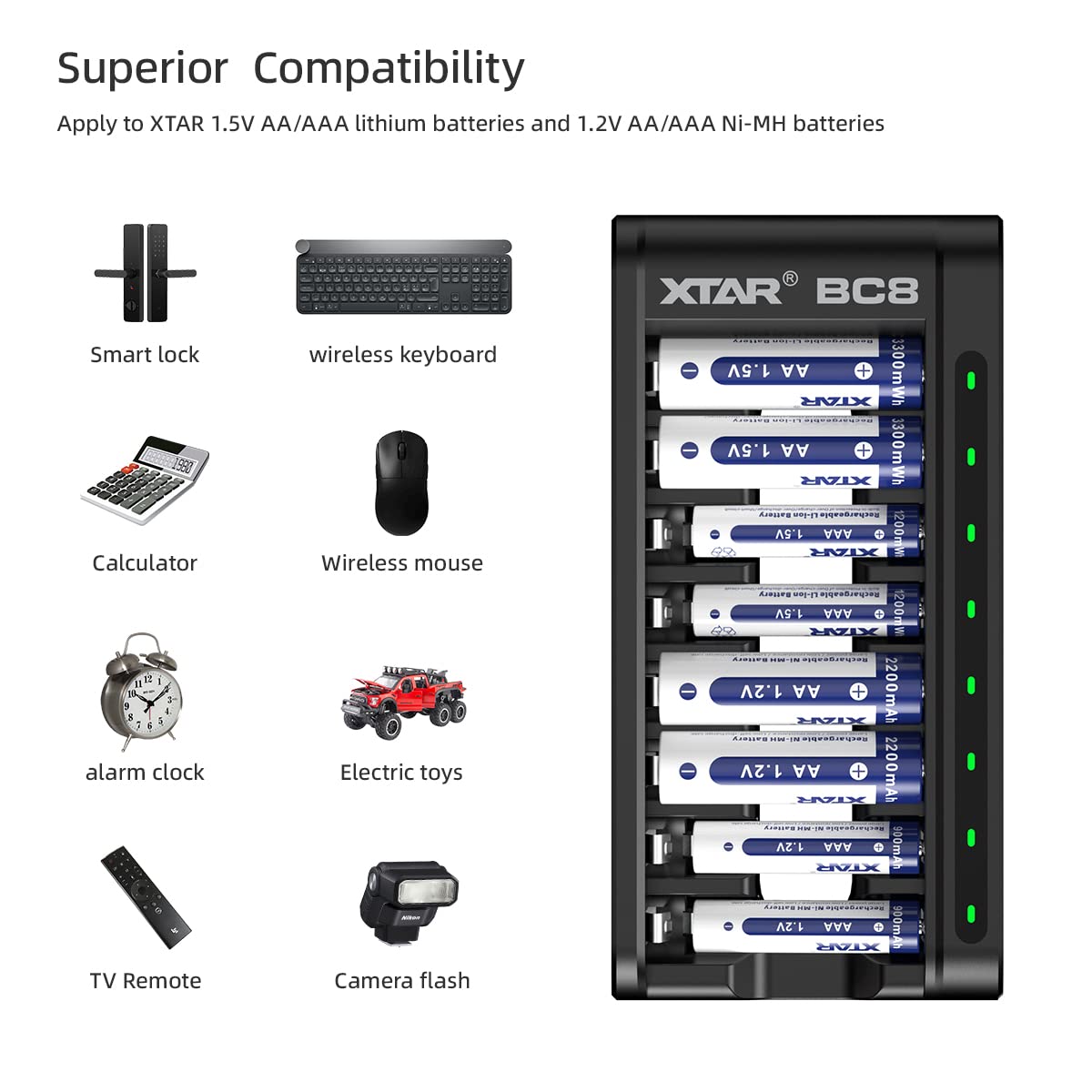 XTAR BC8 1.5V AA Lithium Battery Charger with 8 Rechargeable Batteries - Fast Charging for Flashlights, Cameras, Toys & Electronics (BC8 Charger + 8x AA Batteries) - Perfect for Home, Office & Outdoor Use