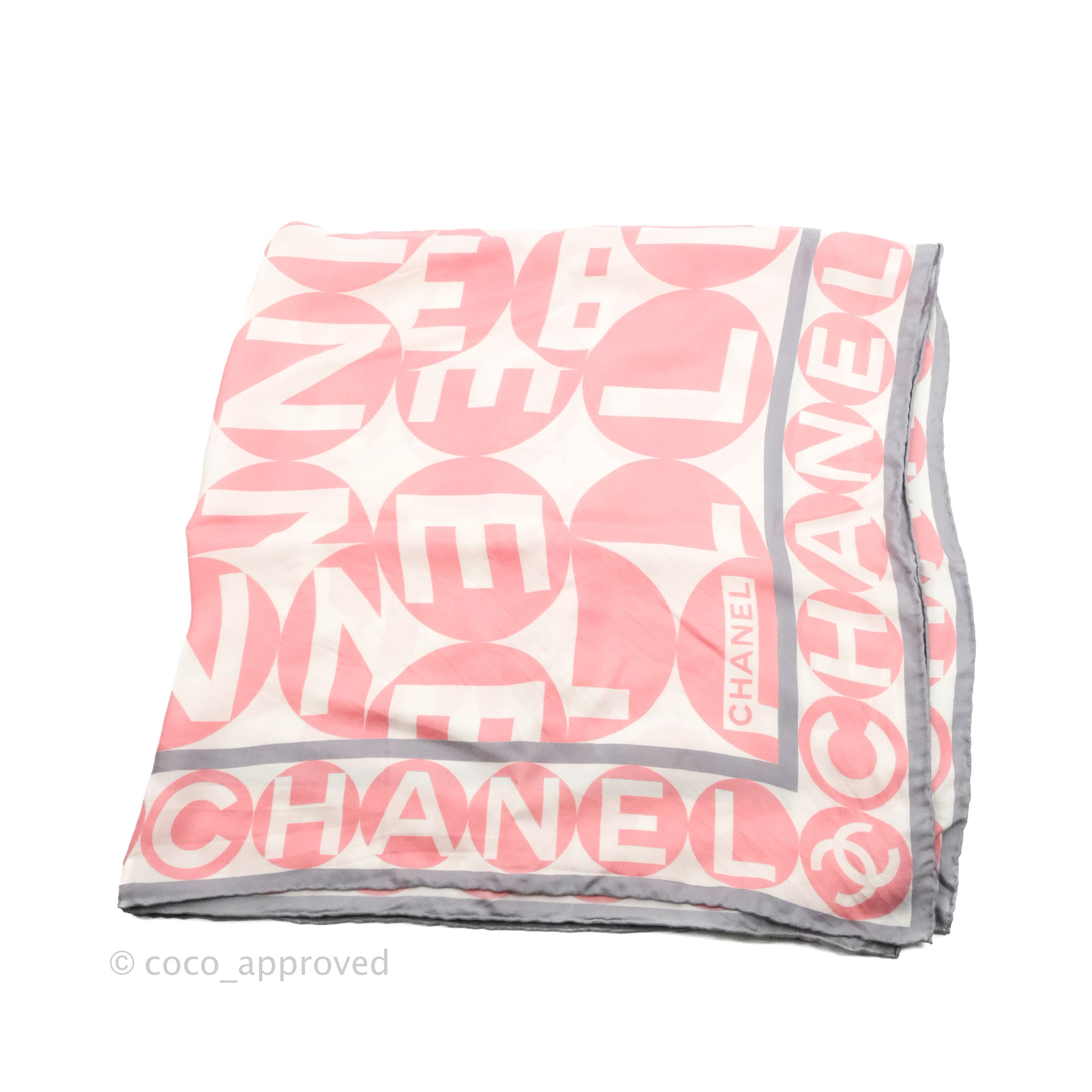 Chanel CC Silk Square Scarf 90 - Luxury Grey Pink White Fashion Scarf for Women | Perfect for Office, Party & Gift Giving