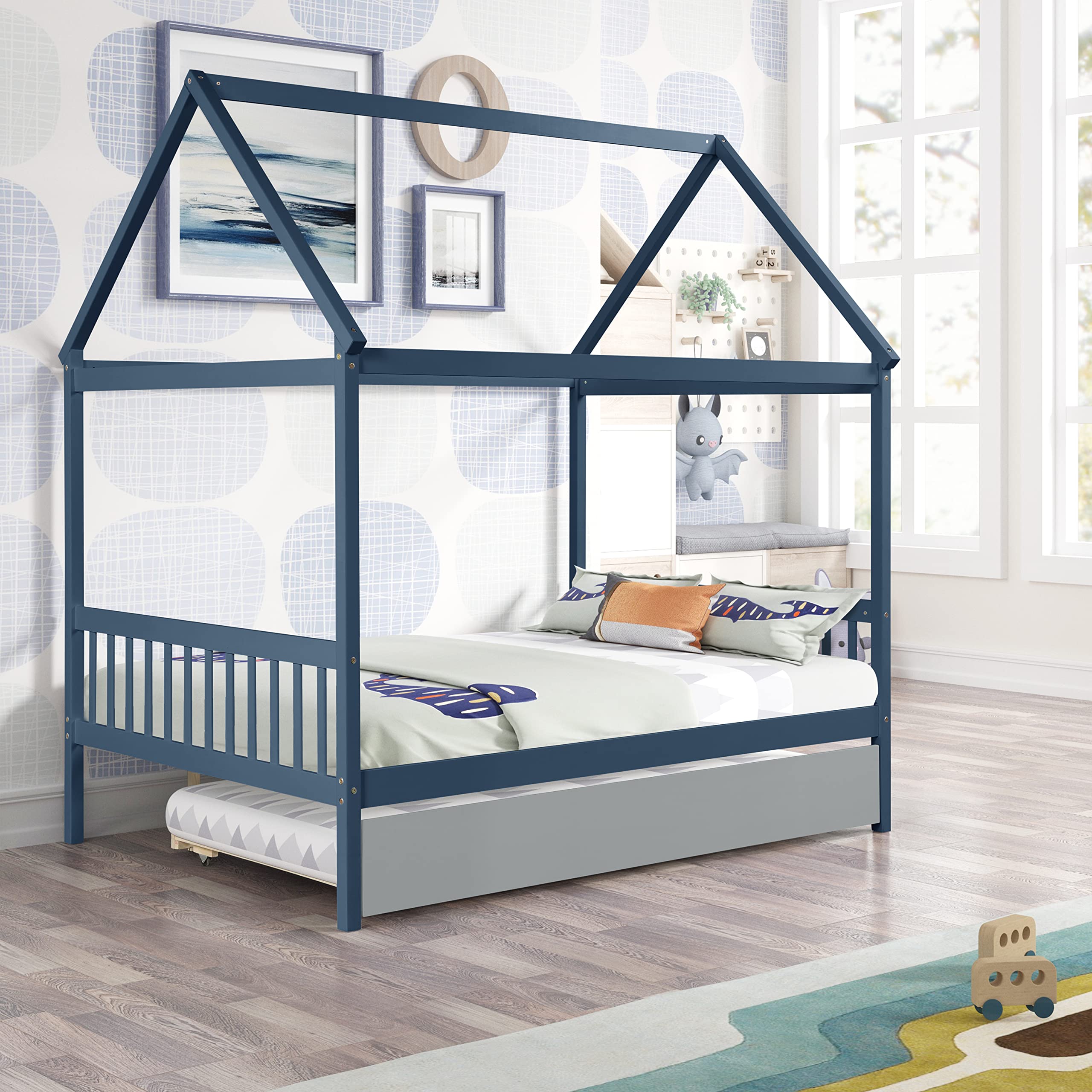 Harper & Bright Designs Full Size House Bed with Trundle - Wooden Daybed for Kids, Boys & Girls - Full Platform Bed Frame with Canopy for Bedroom (Blue & Grey) - Perfect for Small Spaces, Playrooms & Kids' Bedrooms
