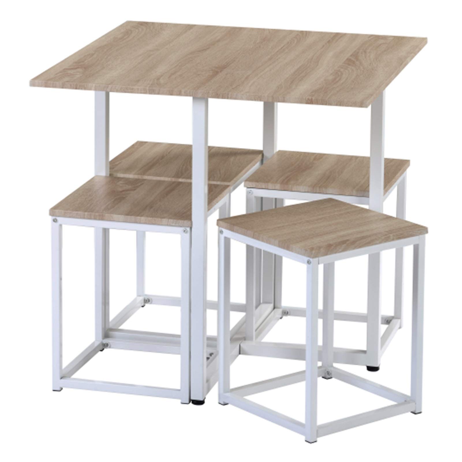 5-Piece ZXCVBNM Dining Table Set with 4 Bar Stools - Natural Wood & White Industrial Style Kitchen Bar Table - Perfect for Home, Restaurant, or Cafe Use