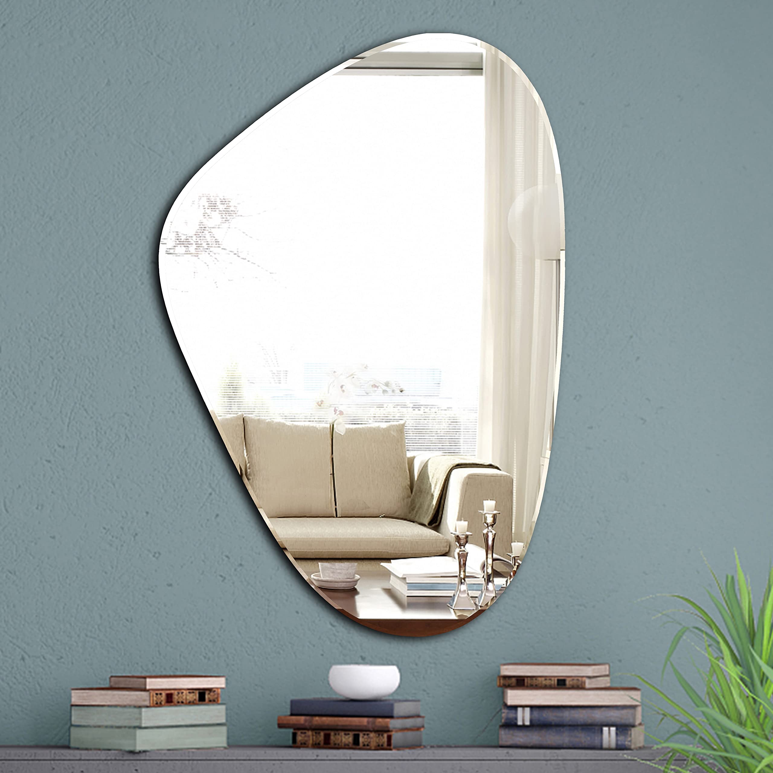 Yanliff Irregular Mirror Wall Decor - Modern Frameless Asymmetric Beveled Wall Mirror (13.4x20 Inches, Silver) - Unique Home Decor for Living Room, Bedroom & Entryway