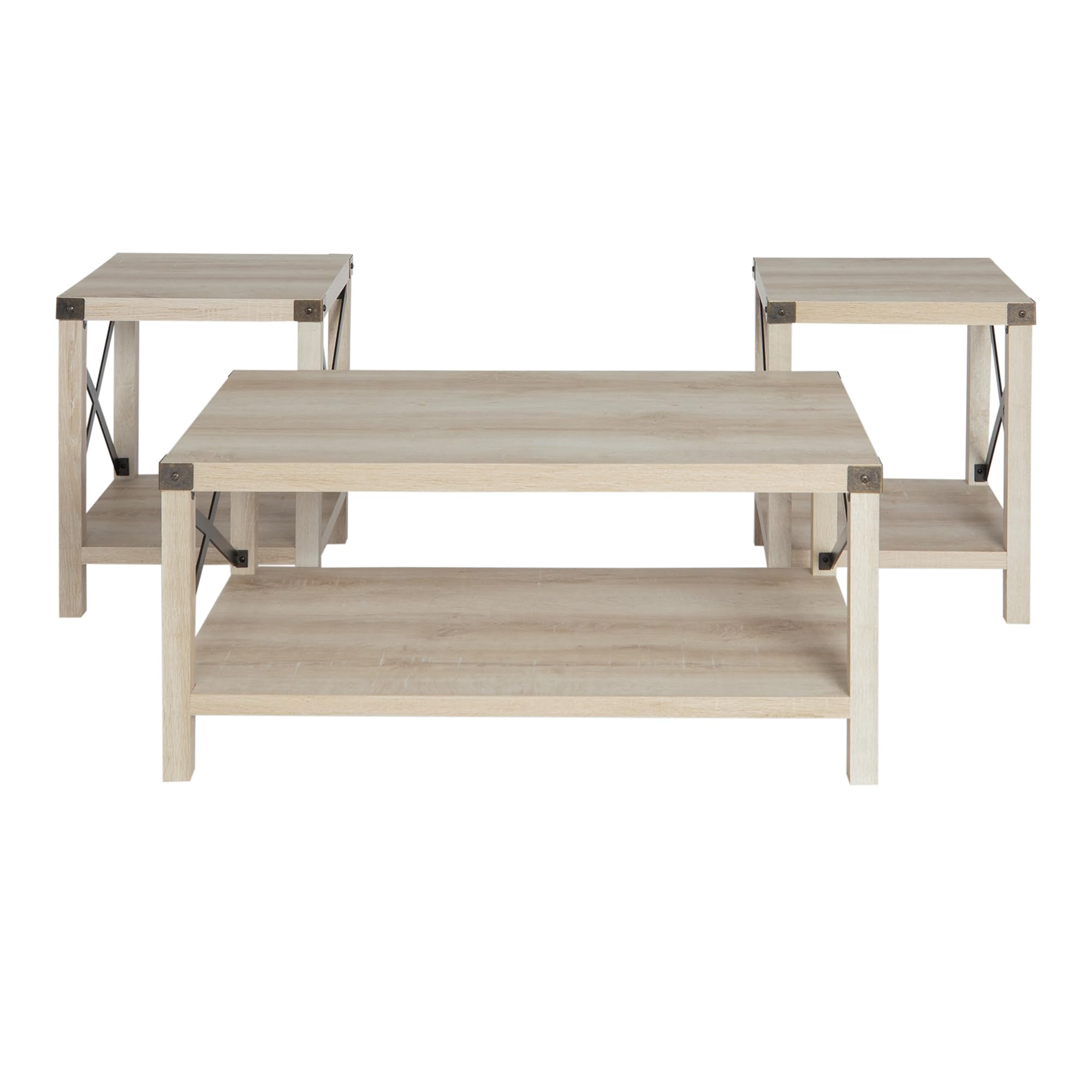 Walker Edison Sedalia Modern Farmhouse 3-Piece Metal-X Side and Coffee Table Set - White Oak Finish - Living Room Furniture for Farmhouse, Rustic & Industrial Decor (3-Pack)