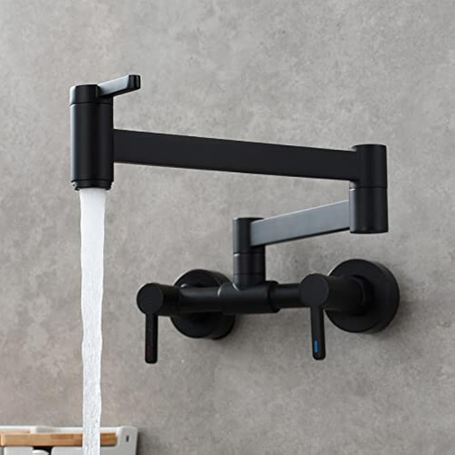 Solid Brass Wall Mount Kitchen Sink Faucet - Dual Handle Hot & Cold Water Mixing Tap with Extendable Folding Arm in Matte Black | Perfect for Small Spaces, RV, Camper & Tiny Homes