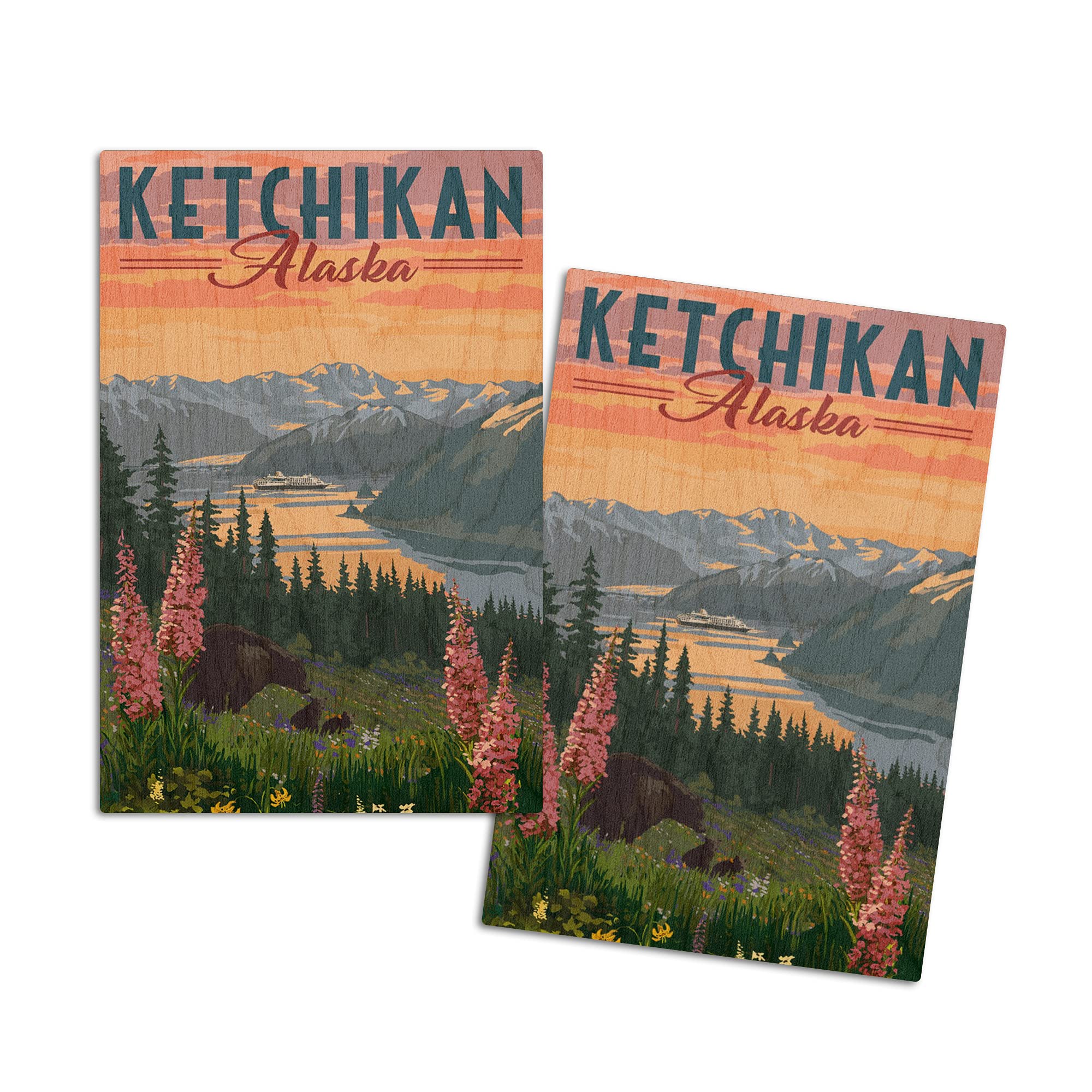 Alaska Inside Passage Scenic Postcards - 2-Pack Birch Wood Postcards Featuring Ketchikan Bears & Spring Flowers (4x6 Rustic Home Decor, Stationery for Travel Enthusiasts) - Perfect for Wall Decor, Travel Souvenirs & Handwritten Notes