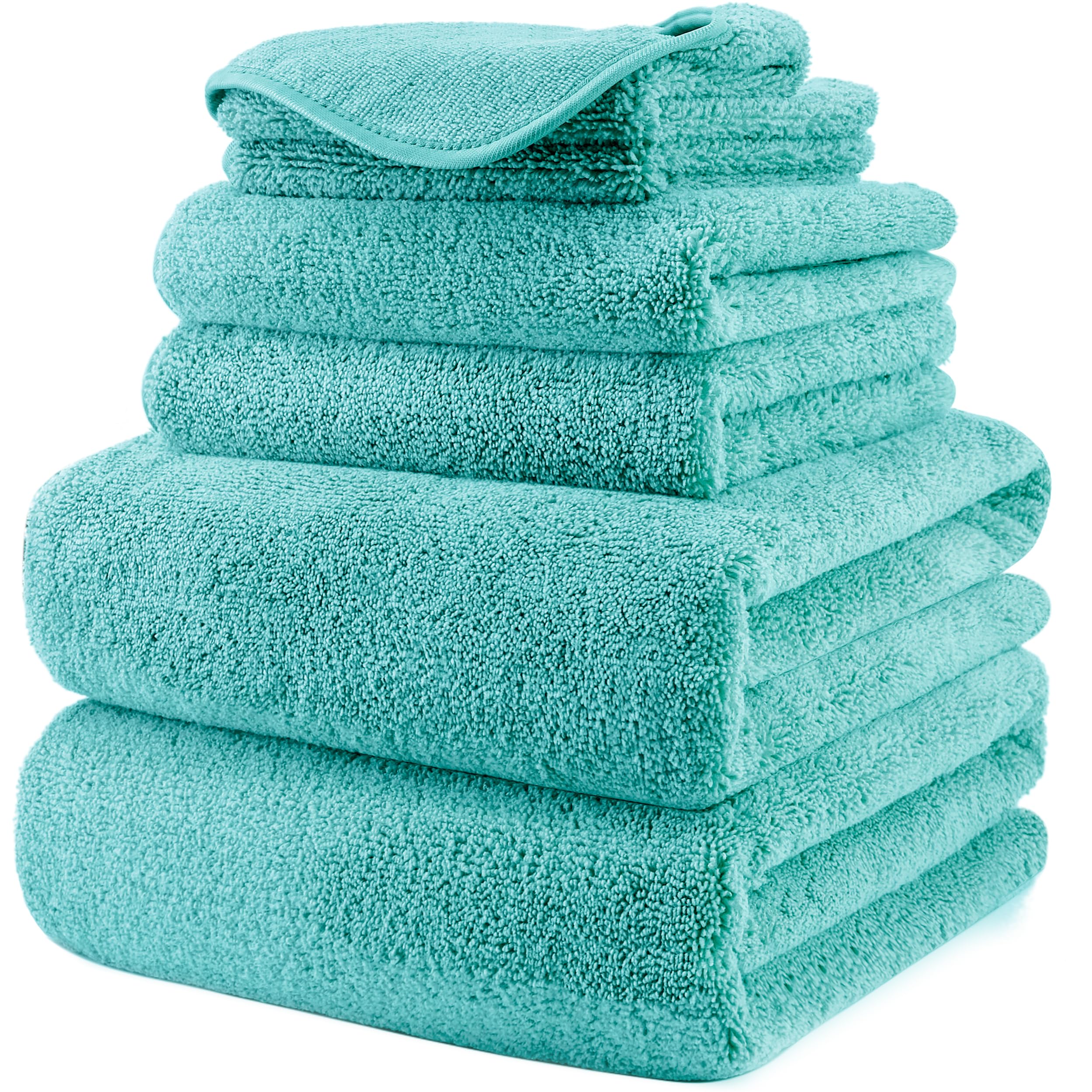 POLYTE Oversized 60 x 30 Inch Quick-Dry Lint-Free Microfiber Bath Towel Set - 6 Piece Aqua Blue | Ultra Absorbent & Soft for Bathroom, Spa, Gym, Pool & Beach Use