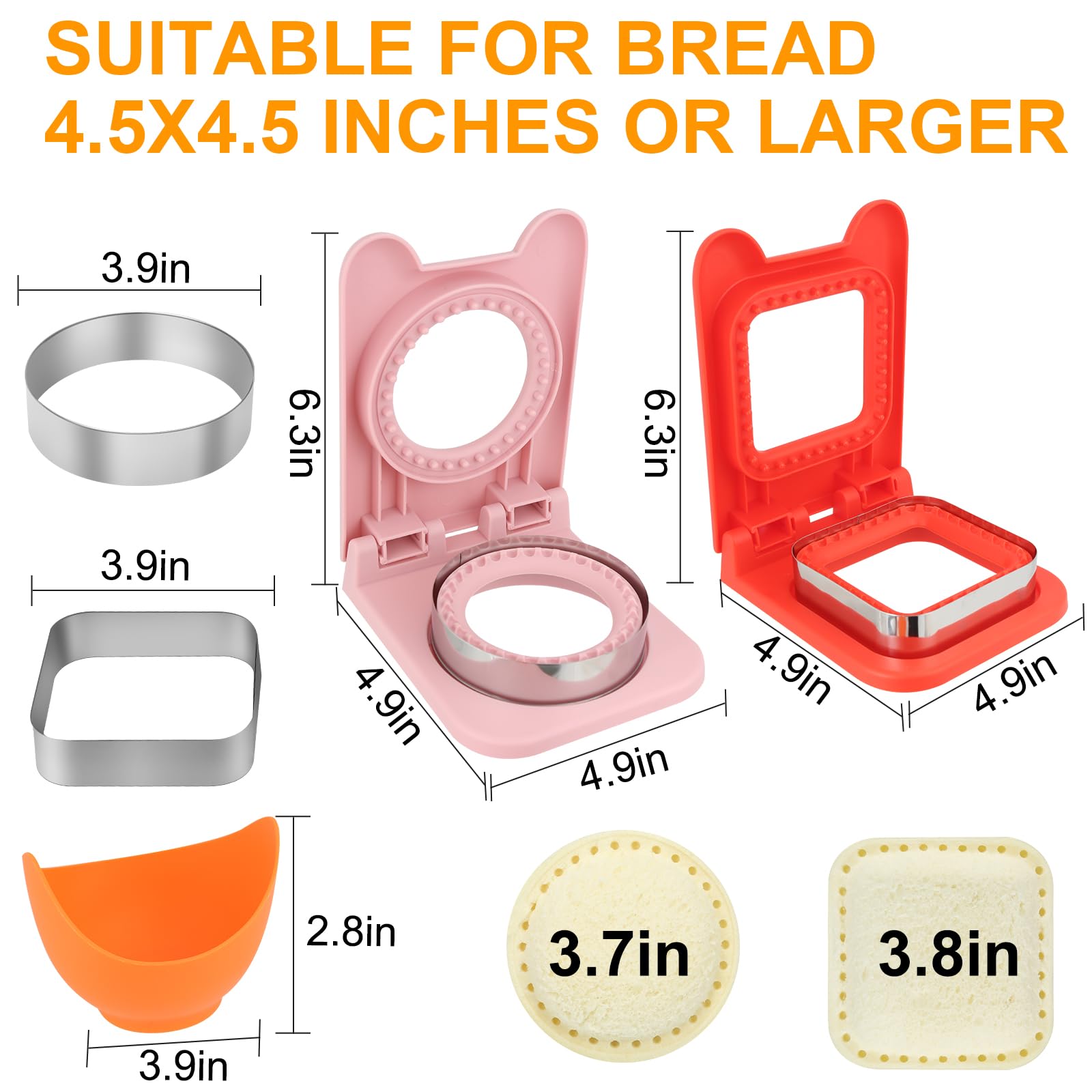 2 PCS Uncrustables Sandwich Maker for Kids - Round & Square Crustless Sandwich Cutter and Sealer (Red & Pink) - Perfect for School Lunch Boxes, Bento Boxes, and Quick Snacks at Home