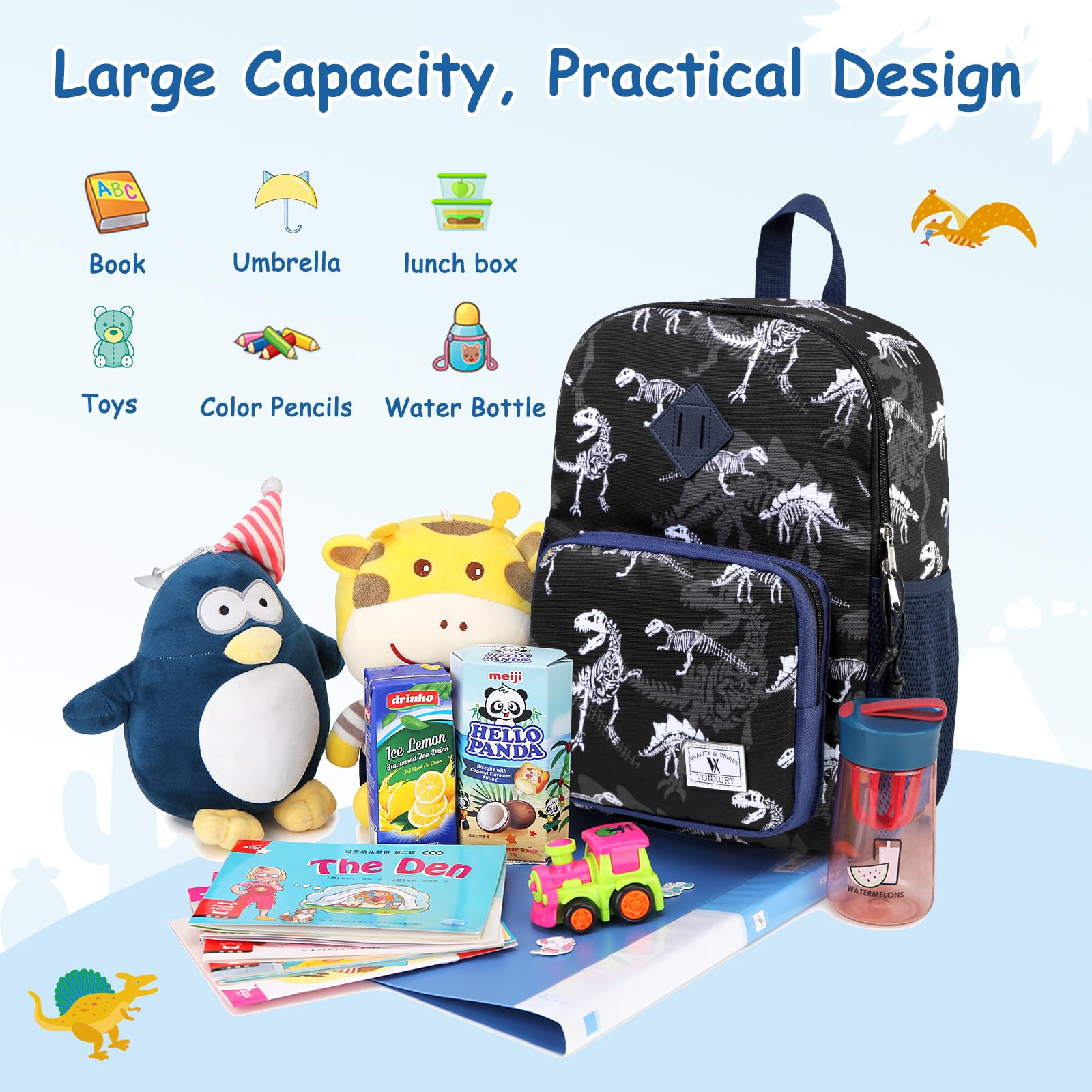 VONXURY Lightweight Kids Backpack with Chest Strap - Cute Small Bookbag for School Boys & Girls | Perfect for Preschool, Daycare & Travel Accessories