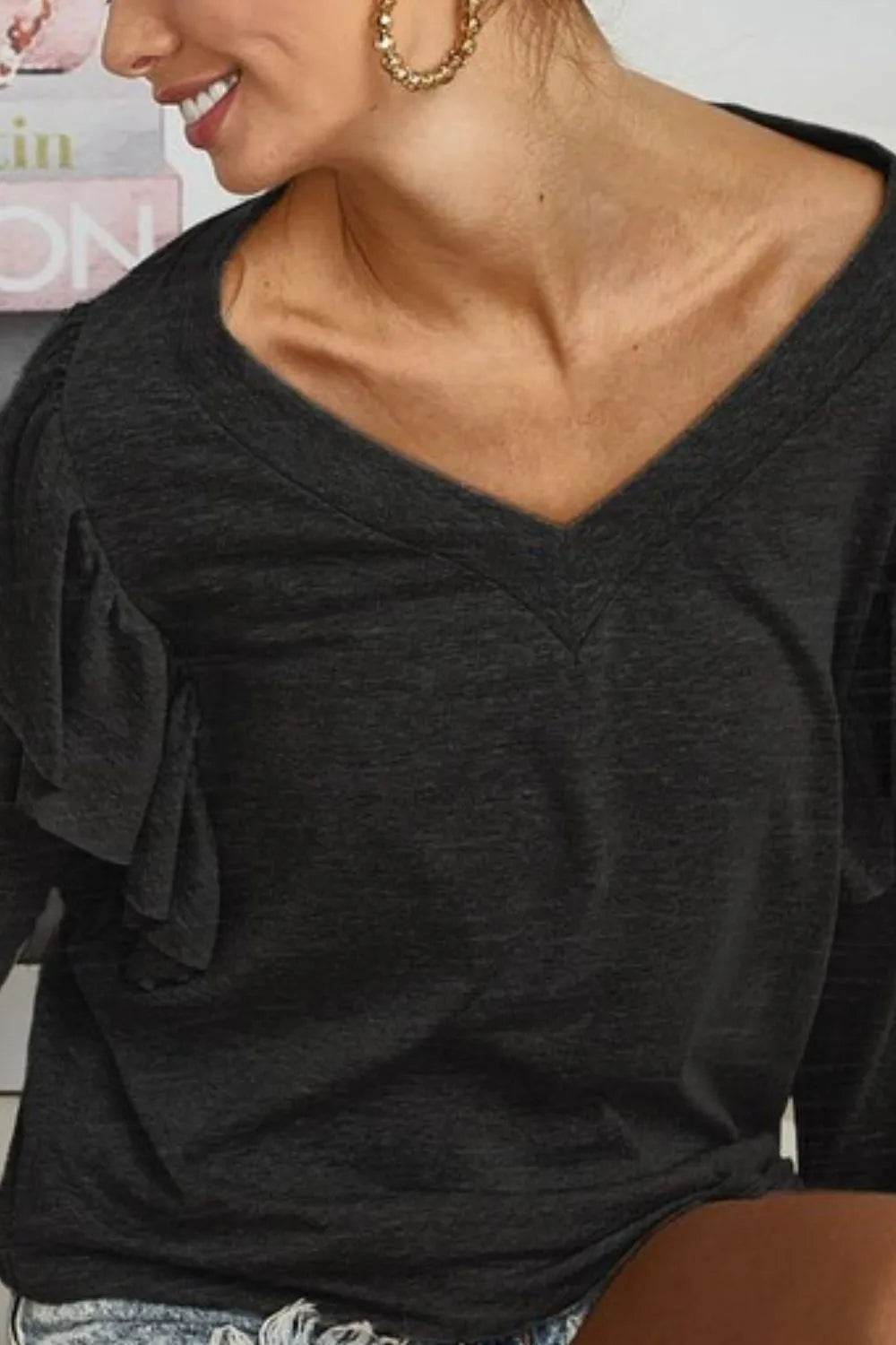 BiBi Triblend V Neck Top with Shoulder Shirring Detail - Soft Stretchy Women's T-Shirt for Casual Wear, Work & Date Night Outfits