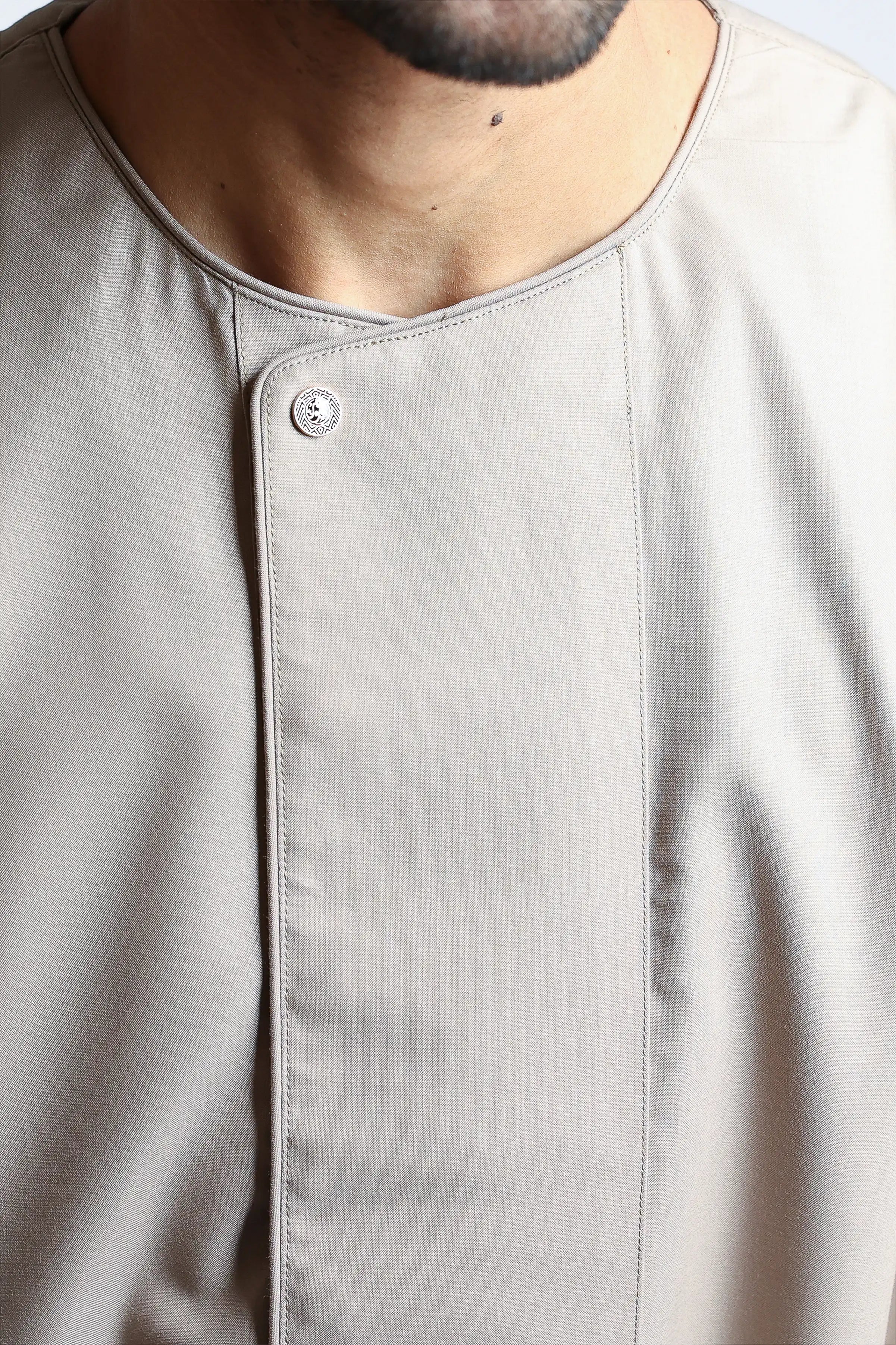 Light Almond Piping Thobe for Men - Traditional Islamic Jilbab with Embroidery - Perfect for Eid, Ramadan & Special Occasions