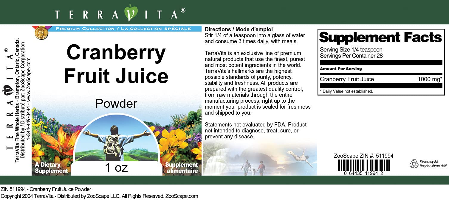 Organic Cranberry Fruit Juice Powder 1 oz (28g) - 100% Pure, No Additives, Non-GMO - Supports Urinary Tract Health - Perfect for Smoothies, Baking & Wellness Drinks