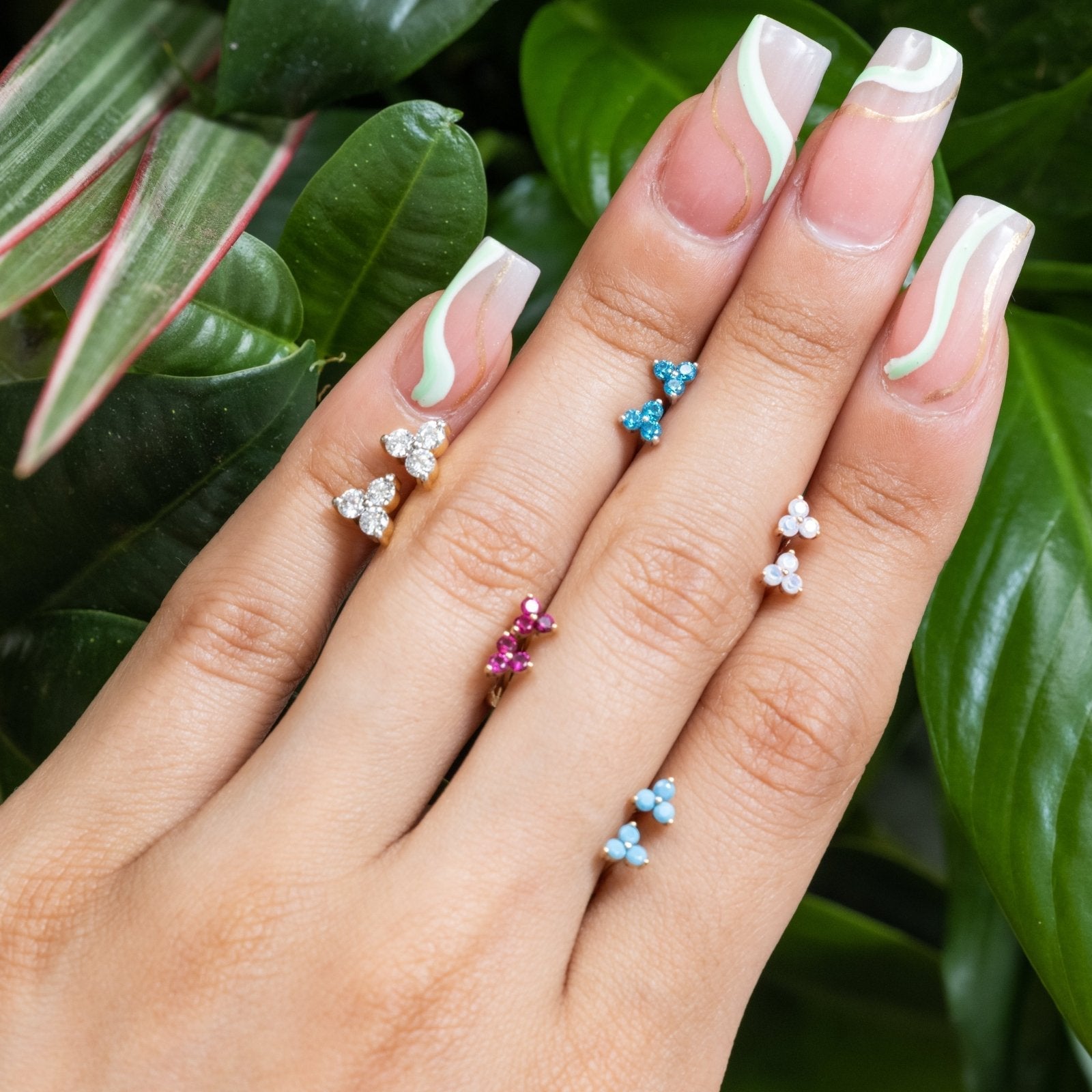14K Yellow Gold Pink Opal Trinity Cluster Stud Earrings - Flat Back for Sensitive Ears, Perfect for Daily Wear & Special Occasions