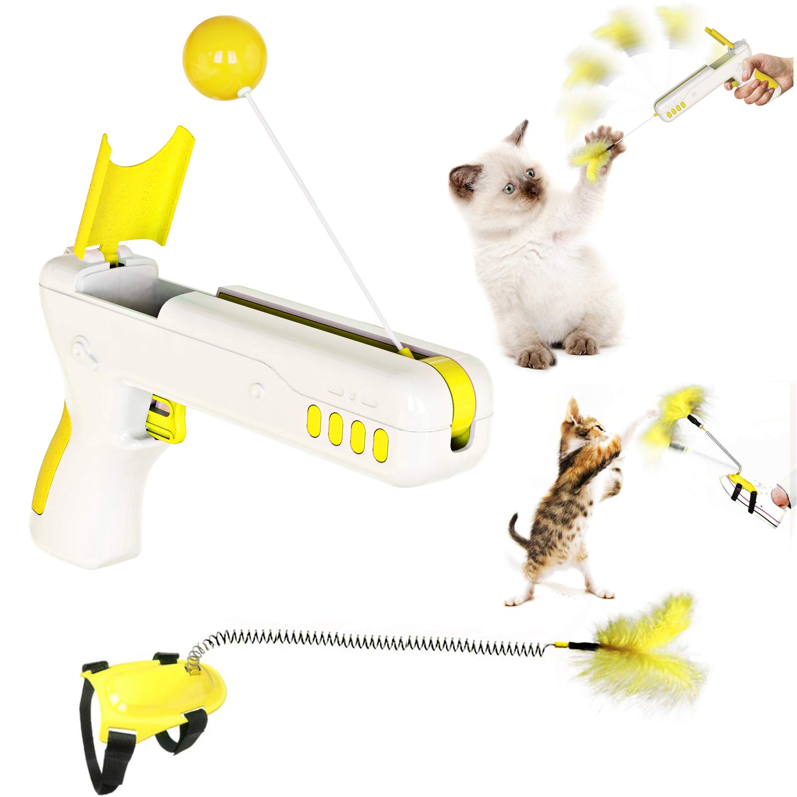 Soaoun Interactive Cat Toys for Indoor Cats - Feather Wand Toy with Catnip, Bouncing Gun & Balance Ball for Exercise, Play & Mental Stimulation | Perfect for Kittens & Adult Cats to Chase, Jump & Stay Active (Yellow)