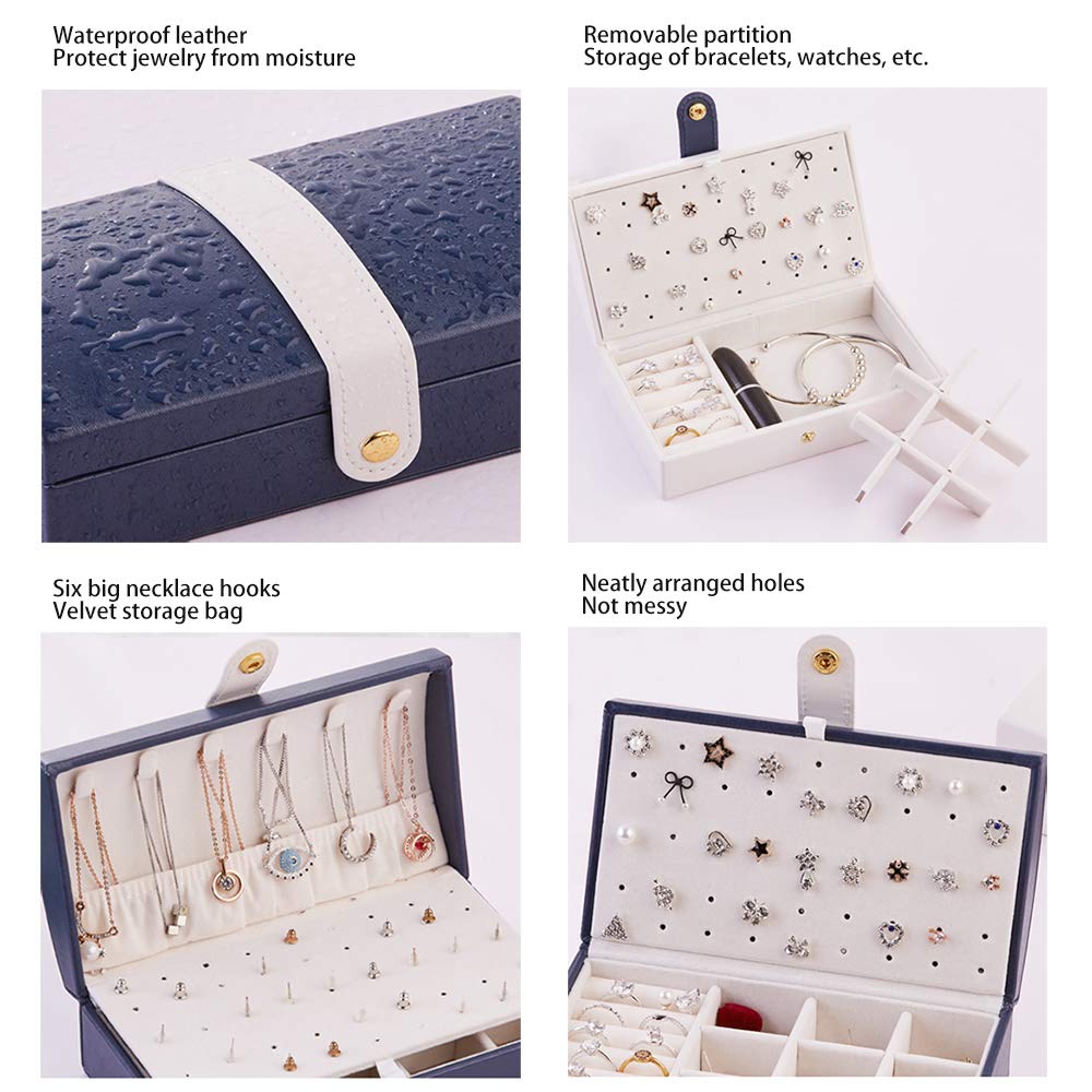 Fullgaden Jewelry Organizer Box - 2-Layer Travel Jewelry Storage Case with Synthetic Leather for Necklaces, Rings & Accessories - Perfect Gift for Women (Navy Blue) | Great for Travel, Home Decor & Gift Giving