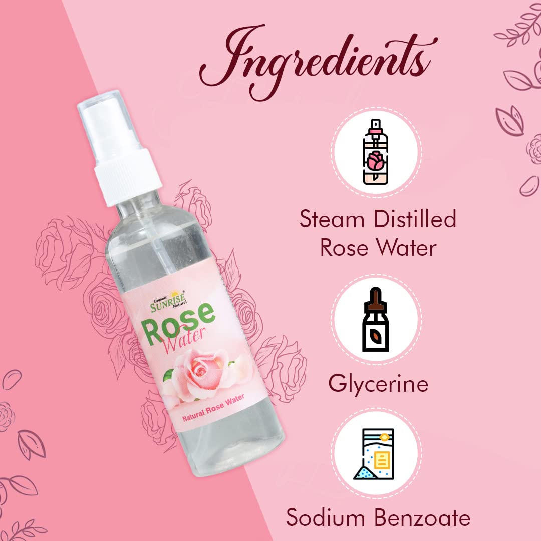 Natural Rose Water by SUNRISE - 100ml | Hydrating Facial Mist & Skin Toner for Glowing Skin | Perfect for Daily Skincare, Makeup Setting & Refreshment