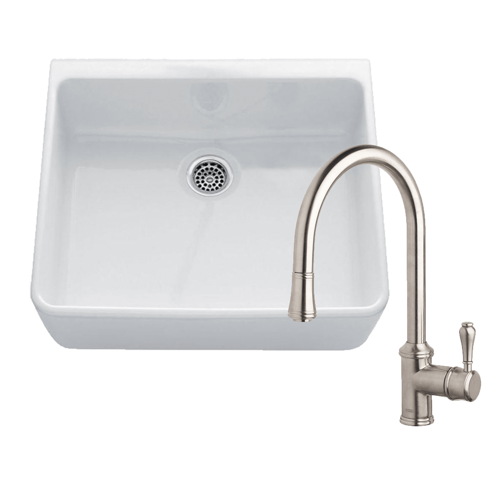 Premium Fireclay Farmhouse Sink 500x500x200mm with Brushed Nickel Faucet - White Single Bowl Kitchen Sink & Provincial Mixer Set for Modern Farmhouse, Cottage, or Rustic Kitchen Renovation