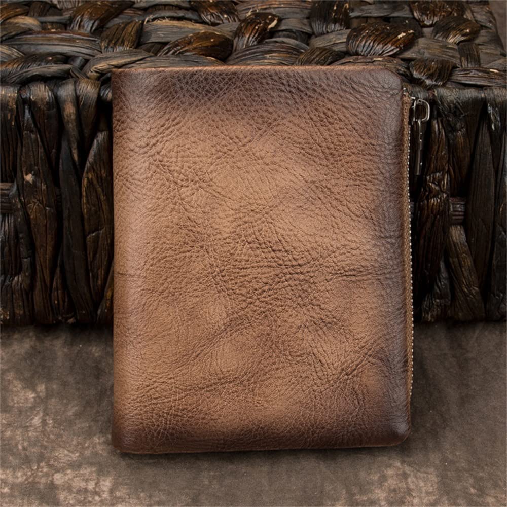 Vintage Leather Wallet for Men - Slim RFID Blocking Bifold Wallet with Zipper & Multiple Card Slots (12x10cm) - Perfect for Business, Travel & Everyday Use