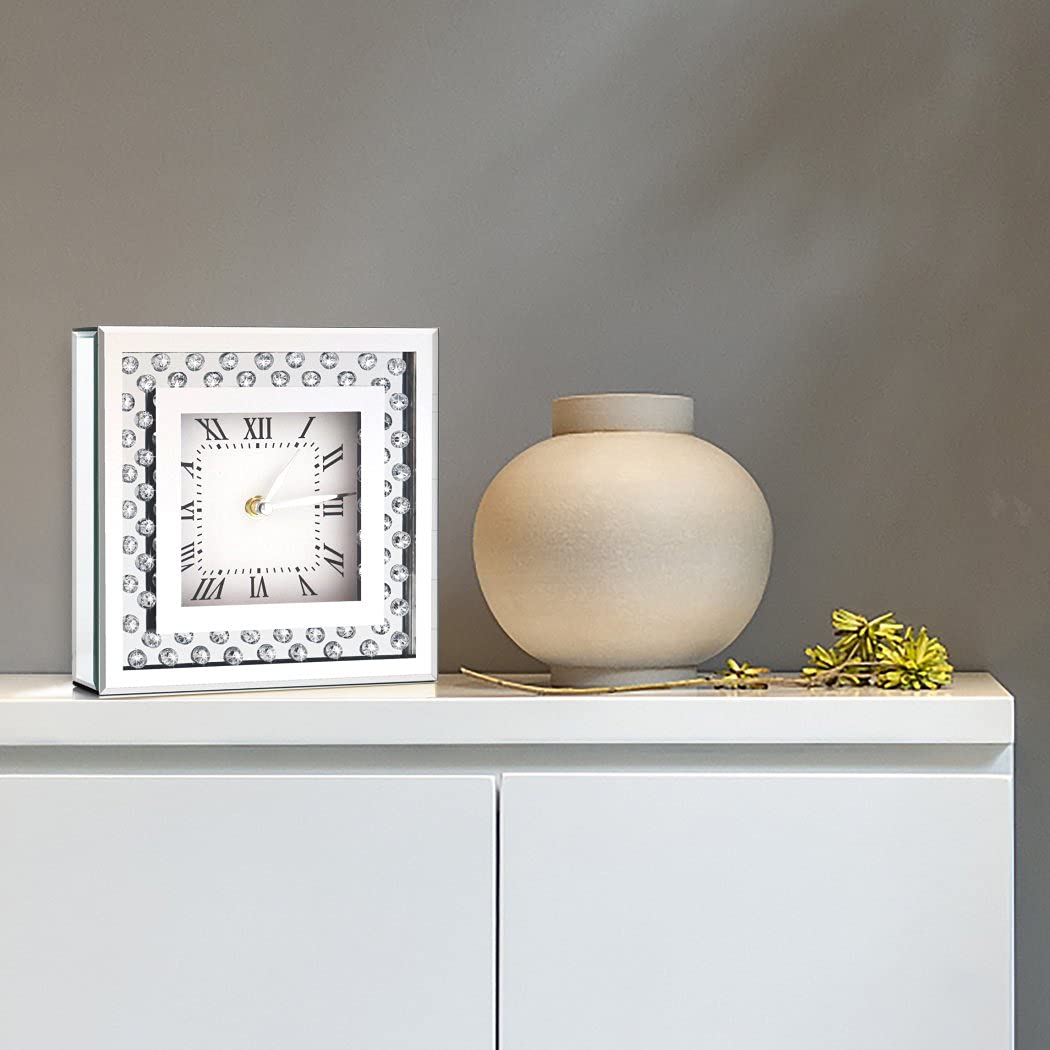 Crystal Sparkle Silent Desk Clock - 8x8x2 Inch Square Mirrored Table Top Decorative Clock with Diamond Accents for Home & Office Decor | Perfect for Bedroom, Living Room, or Gift Giving