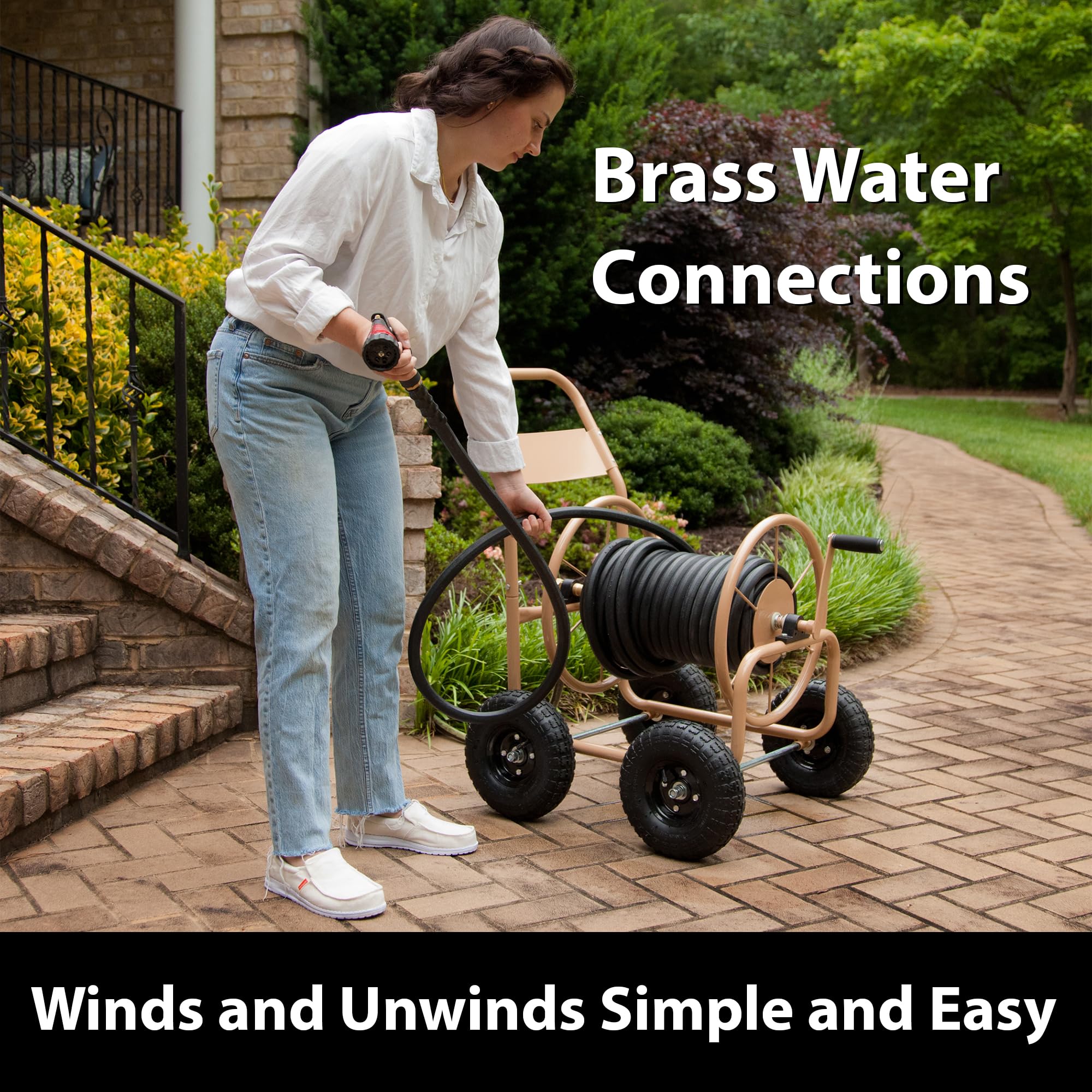 Liberty Garden Industrial 4 Wheel 300ft 0.625 Inch Heavy Duty Water Hose Reel Cart with Steel Frame - Perfect for Backyard, Garden, Lawn Irrigation & Outdoor Watering - Beige