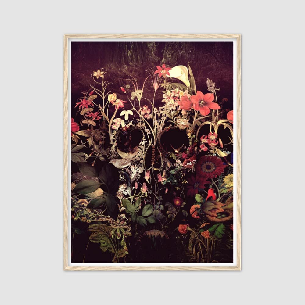 Unframed Sugar Skull Art Print - Boho Floral Skull Poster Decor for Home, Gothic Wall Art Gift for Day of the Dead, Halloween & Día de Muertos Celebrations - Perfect for Living Room, Bedroom or Office Decor