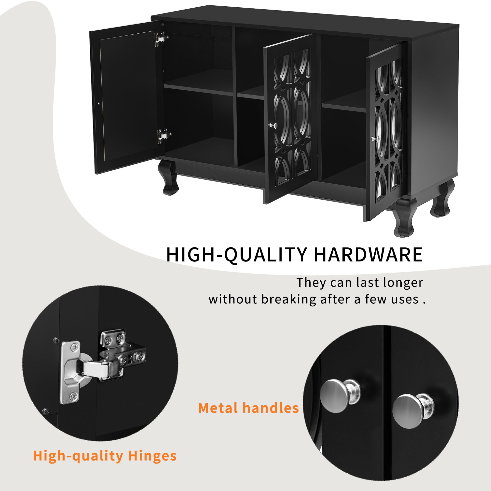 Knocbel 55 Inch TV Stand with Mirror Finish - Modern Entertainment Center with 3 Storage Cabinets, Adjustable Shelves, Solid Wood Legs & Metal Handles (47.2