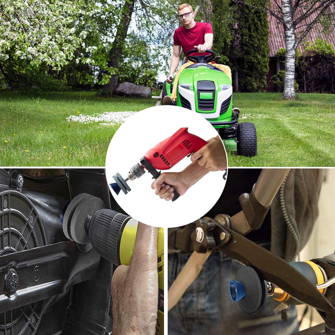 Premium Double Layer Corundum Lawn Mower Blade Sharpener - Universal Drill Attachment for Power/Hand Drills - Durable Grindstone Wheels for Easy Sharpening (Gray) - Perfect for Home Lawn Care & Professional Landscaping