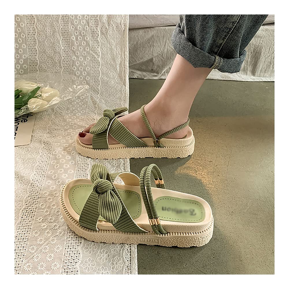 Women's Platform Mid Heel Slippers with Bow Tie - Peep Toe Fashion Slides for Beach, Outdoor & Casual Wear - Comfortable Ladies Shoes (Green, Size 35) | Perfect for Summer, Vacation, and Lounging at Home