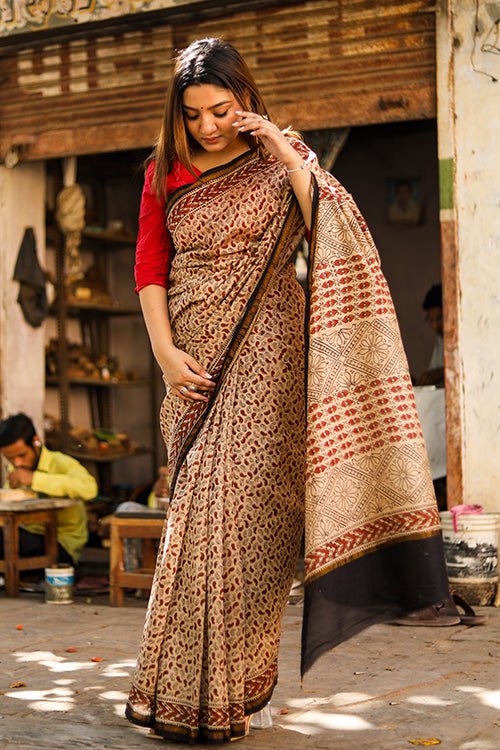 Serendipity BAGRU Handblock Print Chanderi Silk Saree - Elegant Indian Traditional Dress for Women, Wedding, Party & Festive Occasions