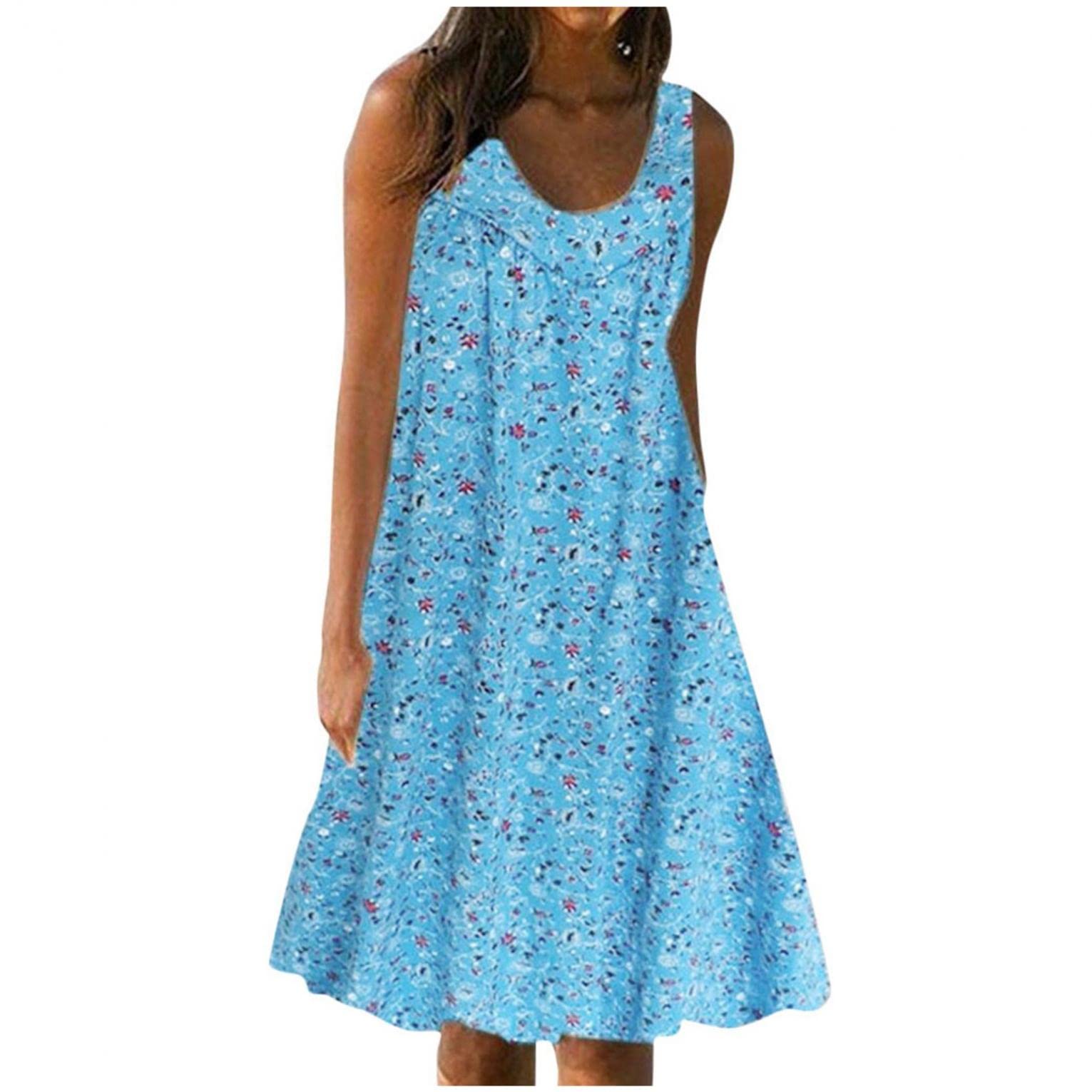 Women's Summer Casual Sleeveless Floral Print Beach Dress - Plus Size Sexy Blue Birthday Outfit for Vacation, Pool Party & Date Night