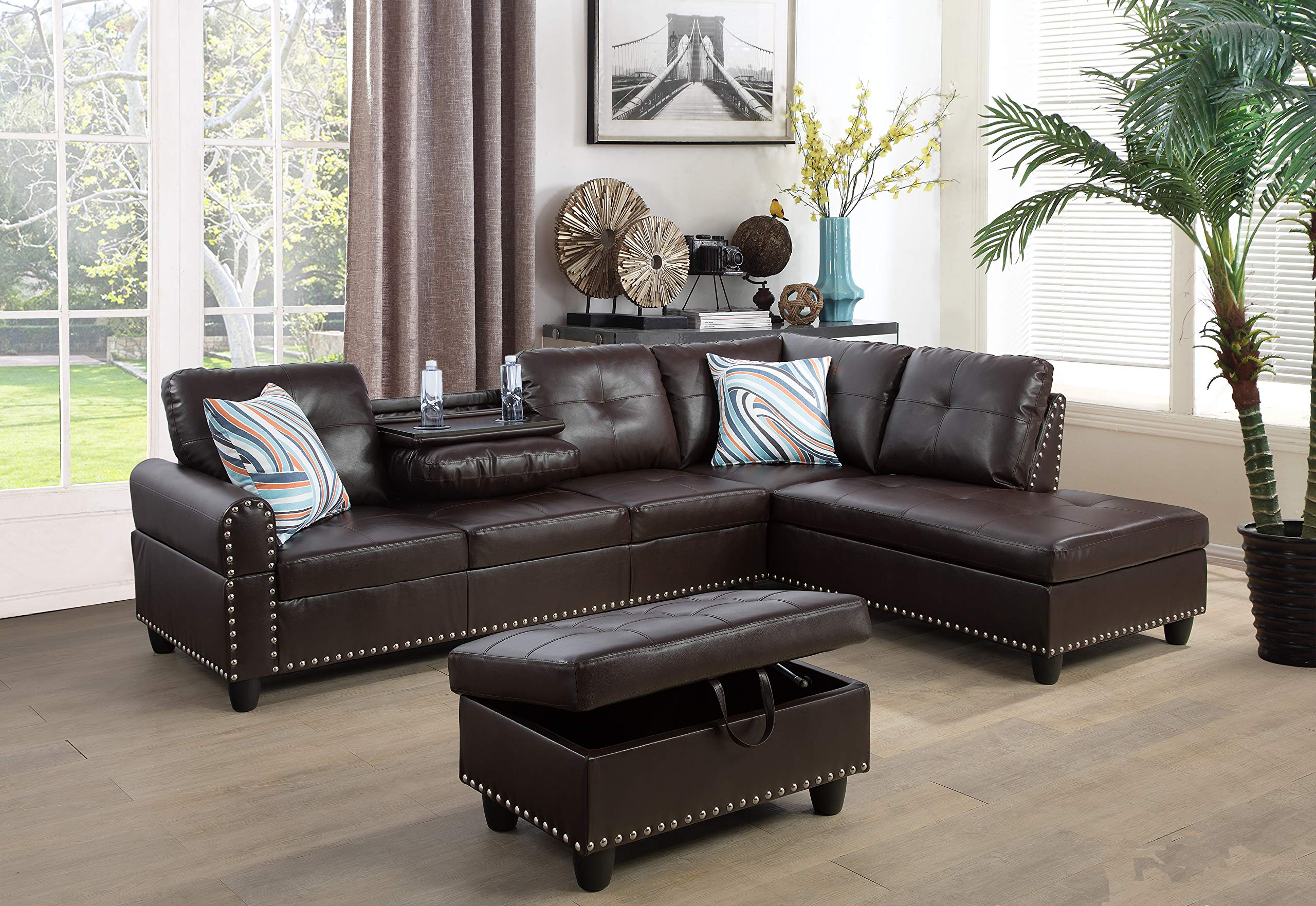Modern L-Shaped Sectional Sofa with Ottoman & Cup Holders - Brown Faux Leather, Right Chaise (Perfect for Small Spaces, Apartments & Cozy Living Rooms)