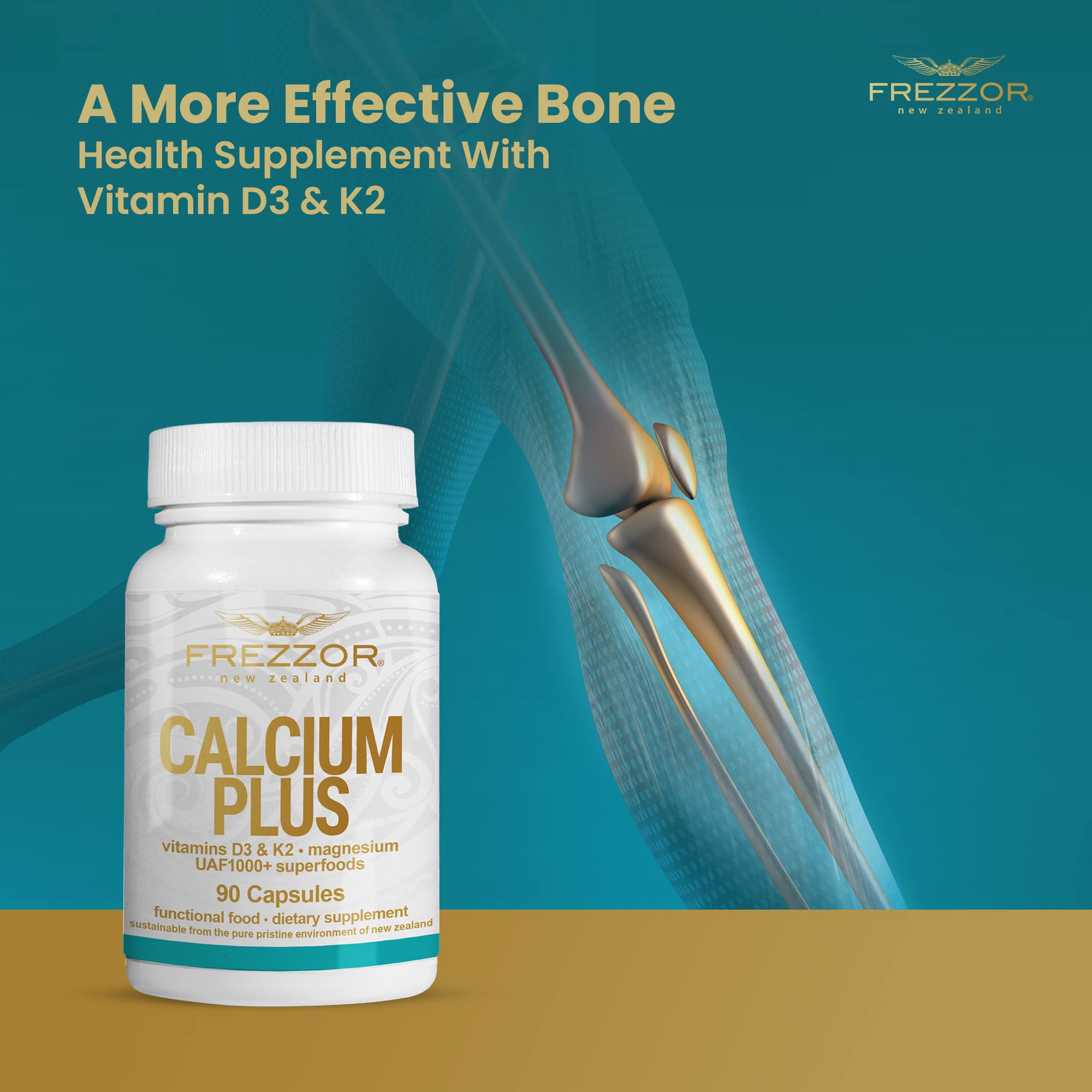 FREZZOR Calcium Plus with UAF1000+ | New Zealand Natural Raw Calcium Supplement for Bone Strength, Teeth Health & Cardiovascular Support | Contains Phosphorus, Magnesium, Collagen & Selenium | 90 Capsules per Bottle | Ideal for Daily Wellness, Active Lifestyles & Senior Health Support