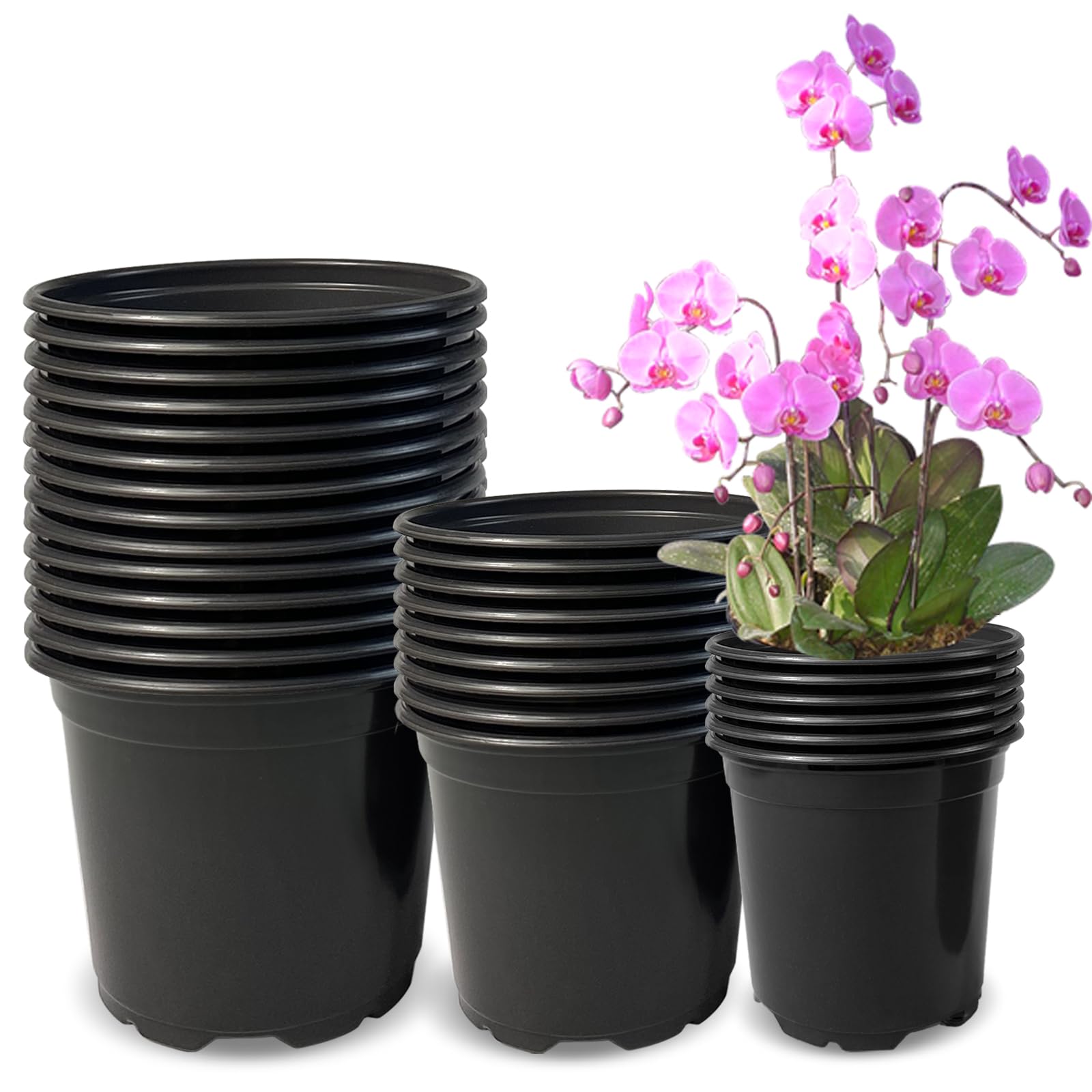 RAOOKIF 45 Pack 5 6 7 Inch Plastic Nursery Pots with Drainage Holes - Seed Starting Pots for Flowers, Seedlings, Cuttings & Transplanting (5+6+7 Inch, 45pcs) - Ideal for Indoor Gardening, Greenhouses & Home Plant Propagation