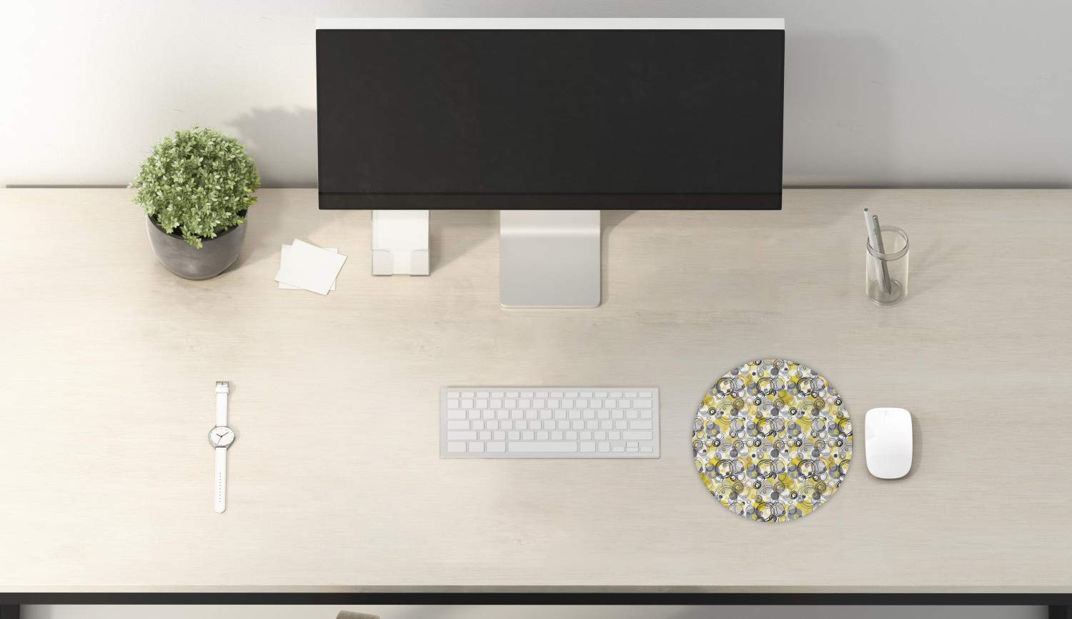 Ambesonne Grey and Yellow Round Non-Slip Rubber Gaming Mouse Pad - 8 Inch Hand Drawn Sketchy Geometric Retro Circles Design for Computer & Office Use - Perfect for Work, Gaming & Home Office Setup