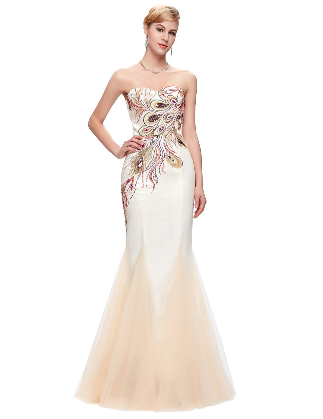 Elegant Qushy Women's Peacock Embroidery Long Strapless Prom Gown - Perfect for Homecoming, Evening Parties & Special Occasions