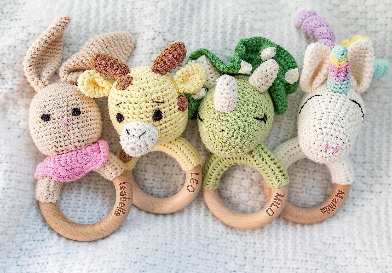 Personalized Crochet Giraffe Baby Rattle with Wooden Teether Ring - Custom Name Engraved | Gender Neutral Newborn Gift for Baby Boy or Girl | Perfect Baby Shower Present with Free Gift Bag | Great for Nursery Decor, First Birthday, and Memory Keepsakes