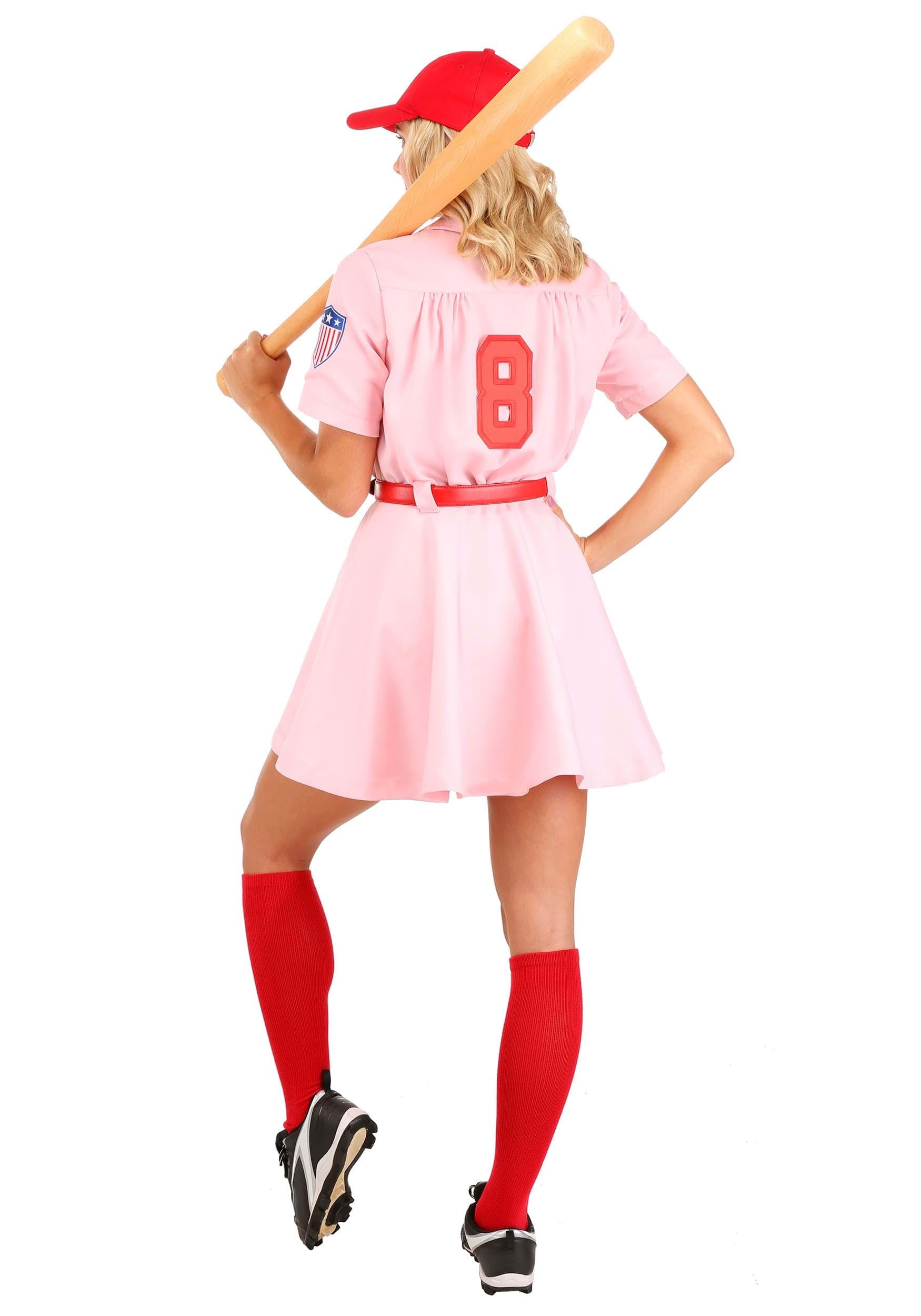 Vintage Pink Baseball Dress Costume for Adults - Dottie Inspired Outfit with Hat, Belt, Numbers & Socks | Halloween Cosplay, 90s Theme Party, Movie Character Costume