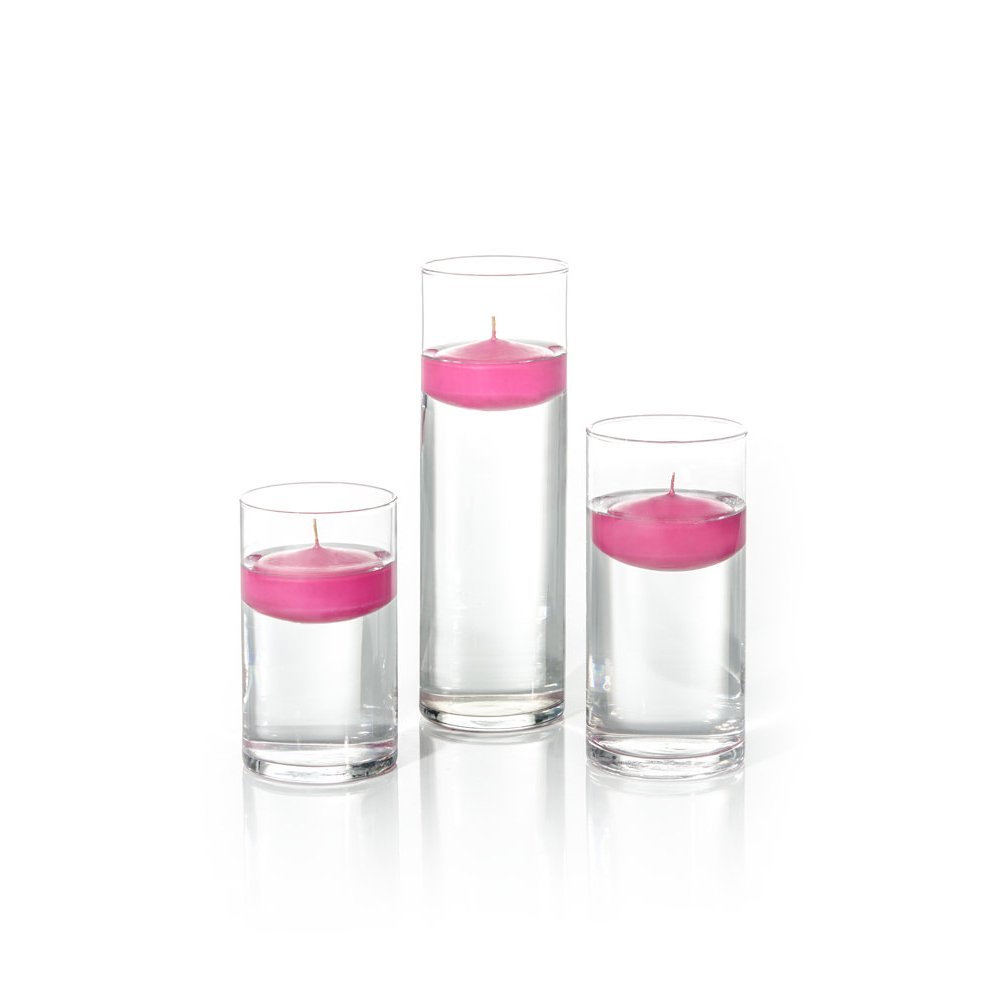 Yummi Set of 18 Floating Candles with Cylinder Vases in Hot Pink - Perfect for Weddings, Spa Decor, and Romantic Dinner Ambiance
