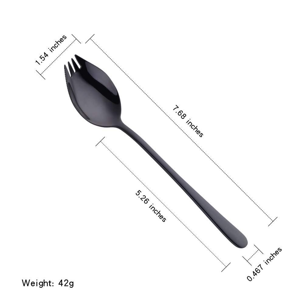 Buyer Star 6-Pack Stainless Steel Sporks - 18/8 Food Grade Spork Set (7.6 Inch, 1.6 Oz) for Ice Cream, Salad, Dessert, Camping & Picnic - Durable Black Utensils for Home, Office & Outdoor Use